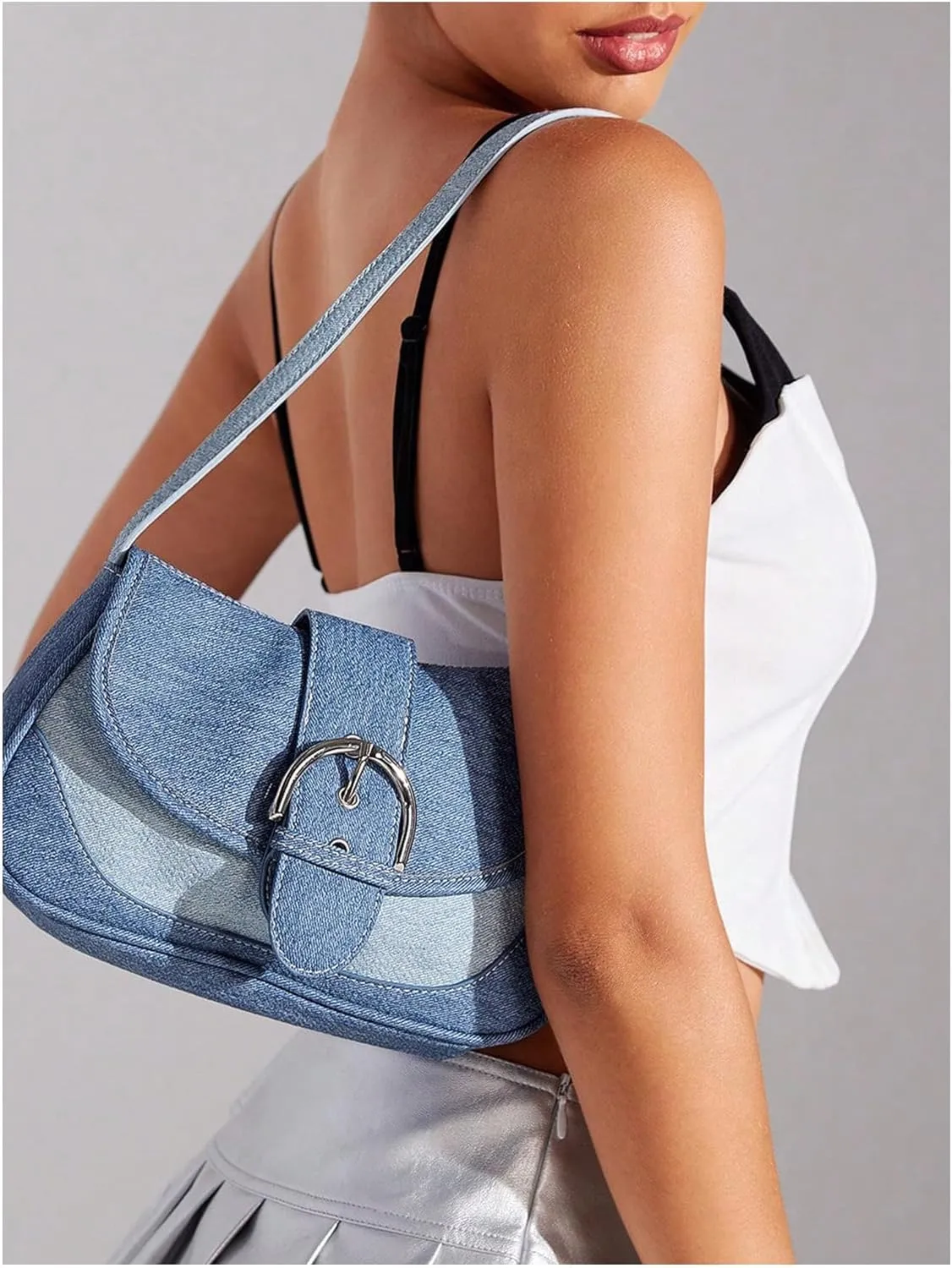 OYOANGLE Women's Y2K Color Block Hobo Shoulder Bags Top Handle Small Clutch Totes Denim Canvas Shoulder Crossbody Bags