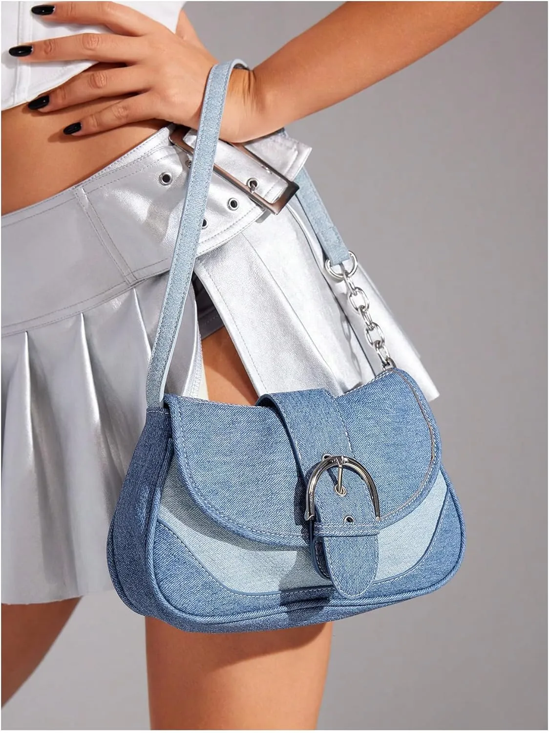 OYOANGLE Women's Y2K Color Block Hobo Shoulder Bags Top Handle Small Clutch Totes Denim Canvas Shoulder Crossbody Bags