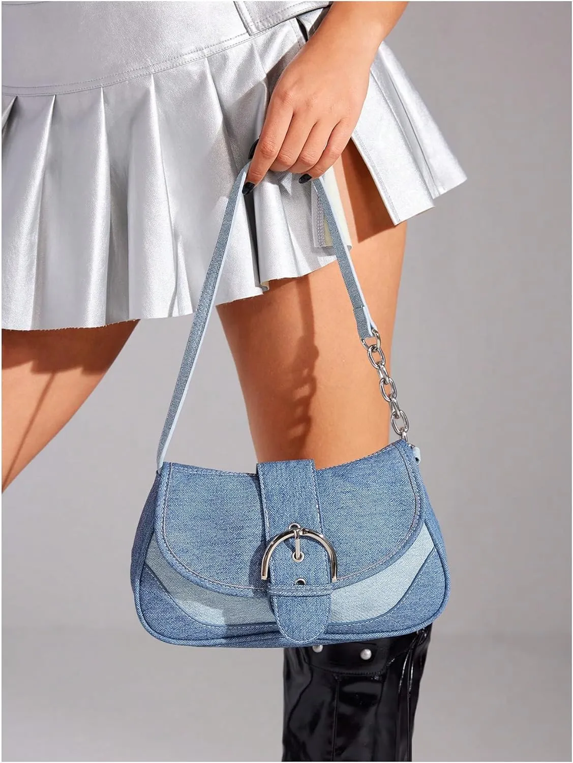 OYOANGLE Women's Y2K Color Block Hobo Shoulder Bags Top Handle Small Clutch Totes Denim Canvas Shoulder Crossbody Bags