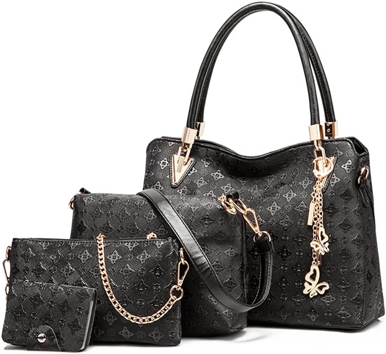Pahajim Women Fashion Handbags set 4pcs PU Leather shoulder Bags Tote Bags Wallets Butterfly Chain Accessories