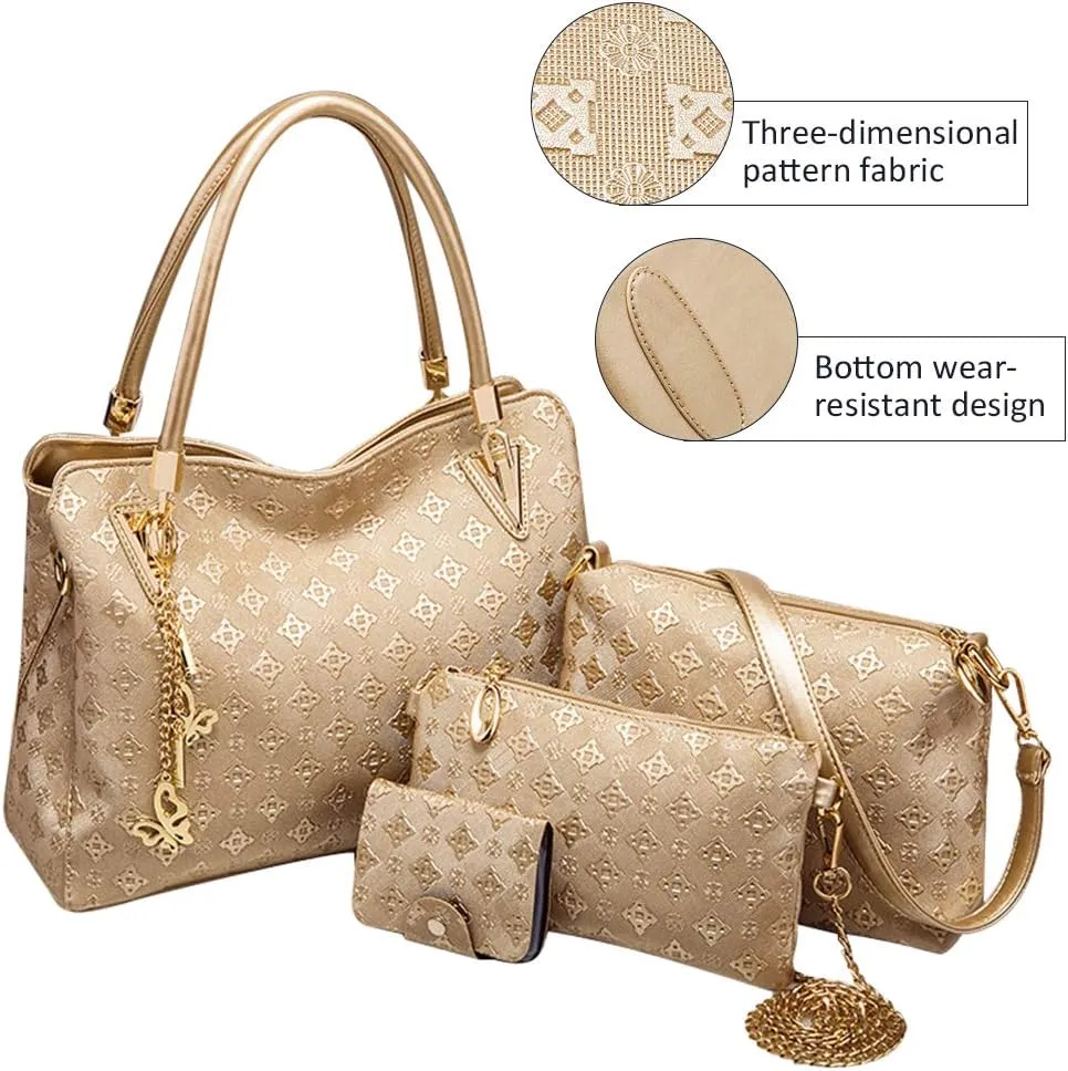 Pahajim Women Fashion Handbags set 4pcs PU Leather shoulder Bags Tote Bags Wallets Butterfly Chain Accessories