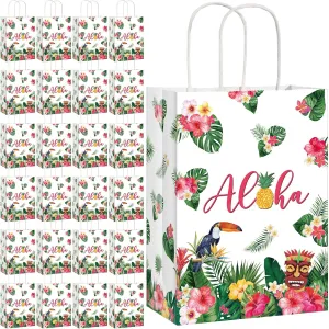Pajean 32 Pack Hawaiian Gift Bag Luau Party Summer Tropical Palm Leaf Paper Bag with Handle for Candy Treat Summer Tropical Aloha Festival Hawaiian Luau Holiday Party Supplies Favor
