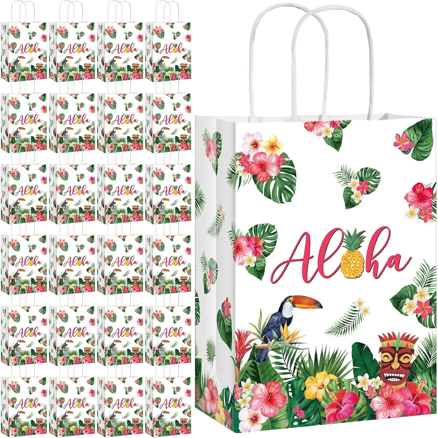 Pajean 32 Pack Hawaiian Gift Bag Luau Party Summer Tropical Palm Leaf Paper Bag with Handle for Candy Treat Summer Tropical Aloha Festival Hawaiian Luau Holiday Party Supplies Favor