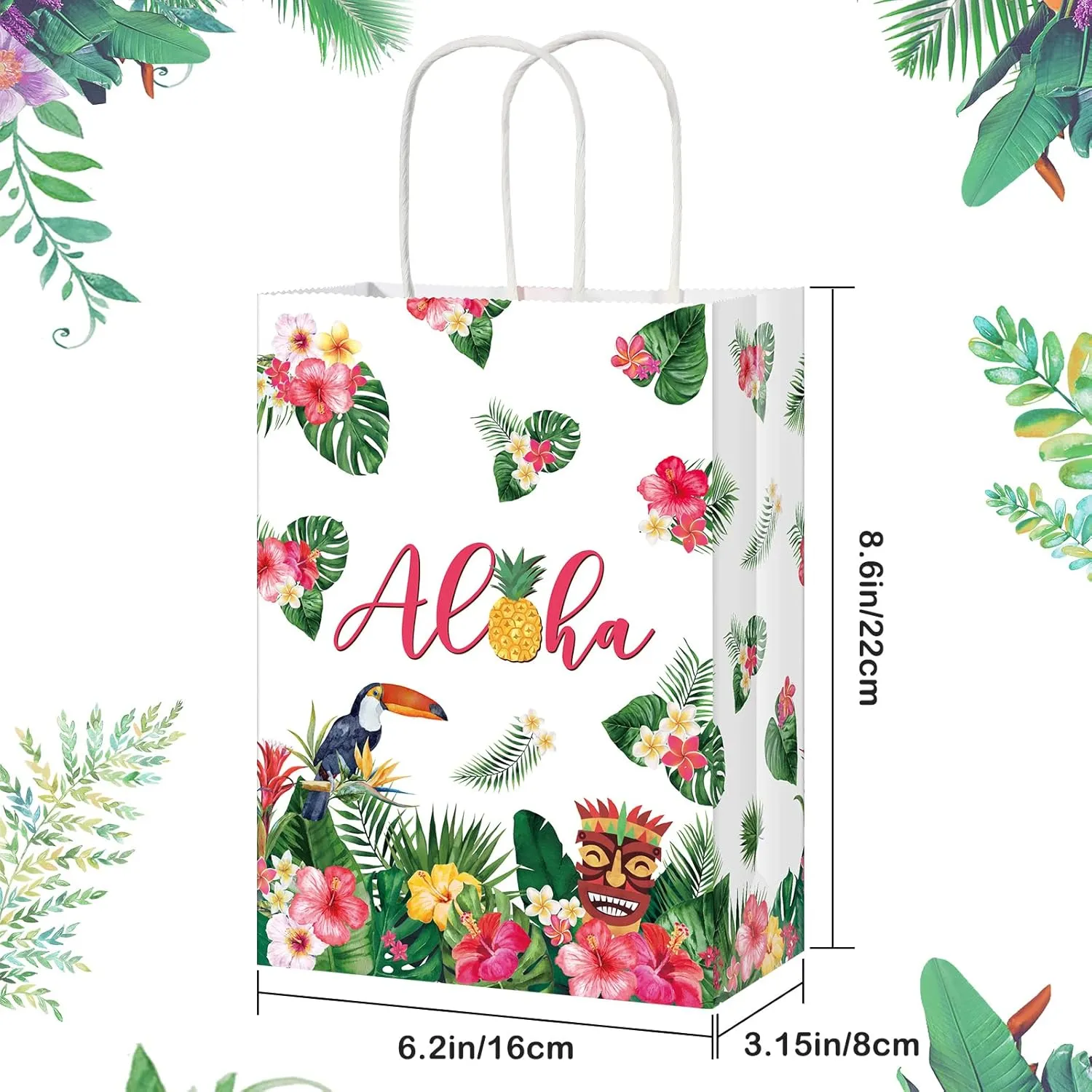 Pajean 32 Pack Hawaiian Gift Bag Luau Party Summer Tropical Palm Leaf Paper Bag with Handle for Candy Treat Summer Tropical Aloha Festival Hawaiian Luau Holiday Party Supplies Favor