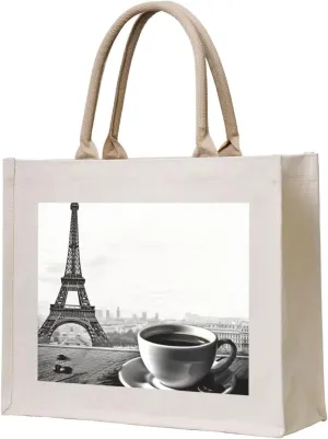 Parisian Coffee Eiffel Tower printed Canvas Carrying Tote Bag Fashion Handbag Shoulder Shopping Bag