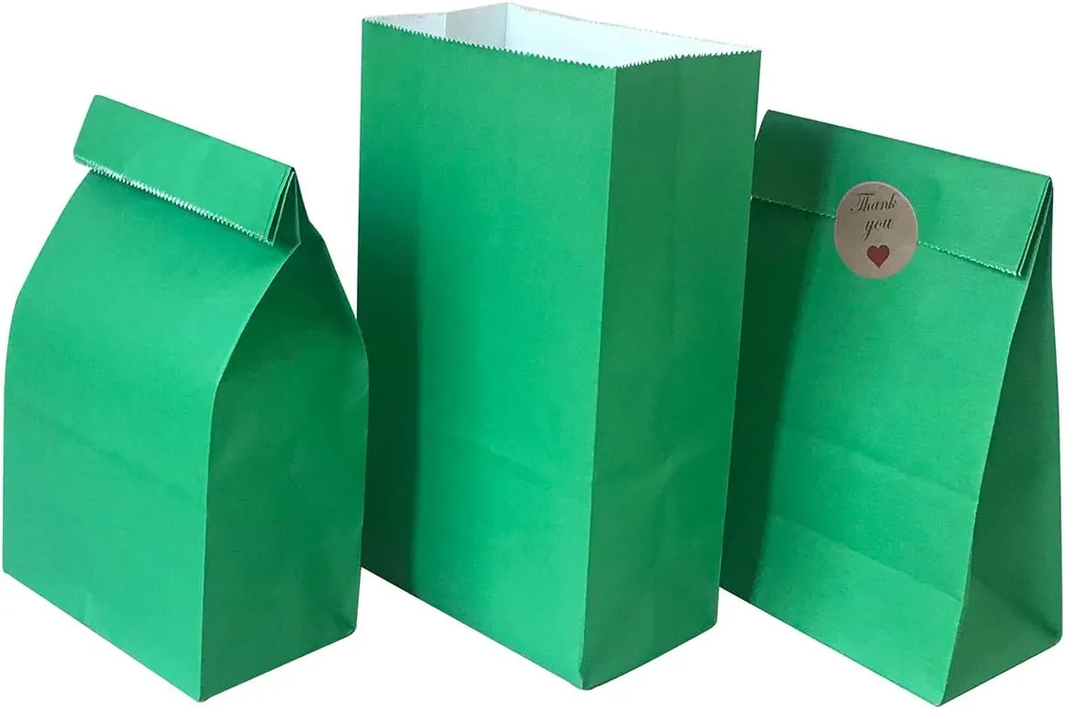 Party Favor Bag 50 pcs Food Safe Paper and Ink, 5.1 * 3.1 * 9.2 Inch, Vivid Colored Self-Stand Buffet Bags, Bottom Square Paper Treat Bag. with 60 pcs Stickers 1.5 inch. (Green Color)…
