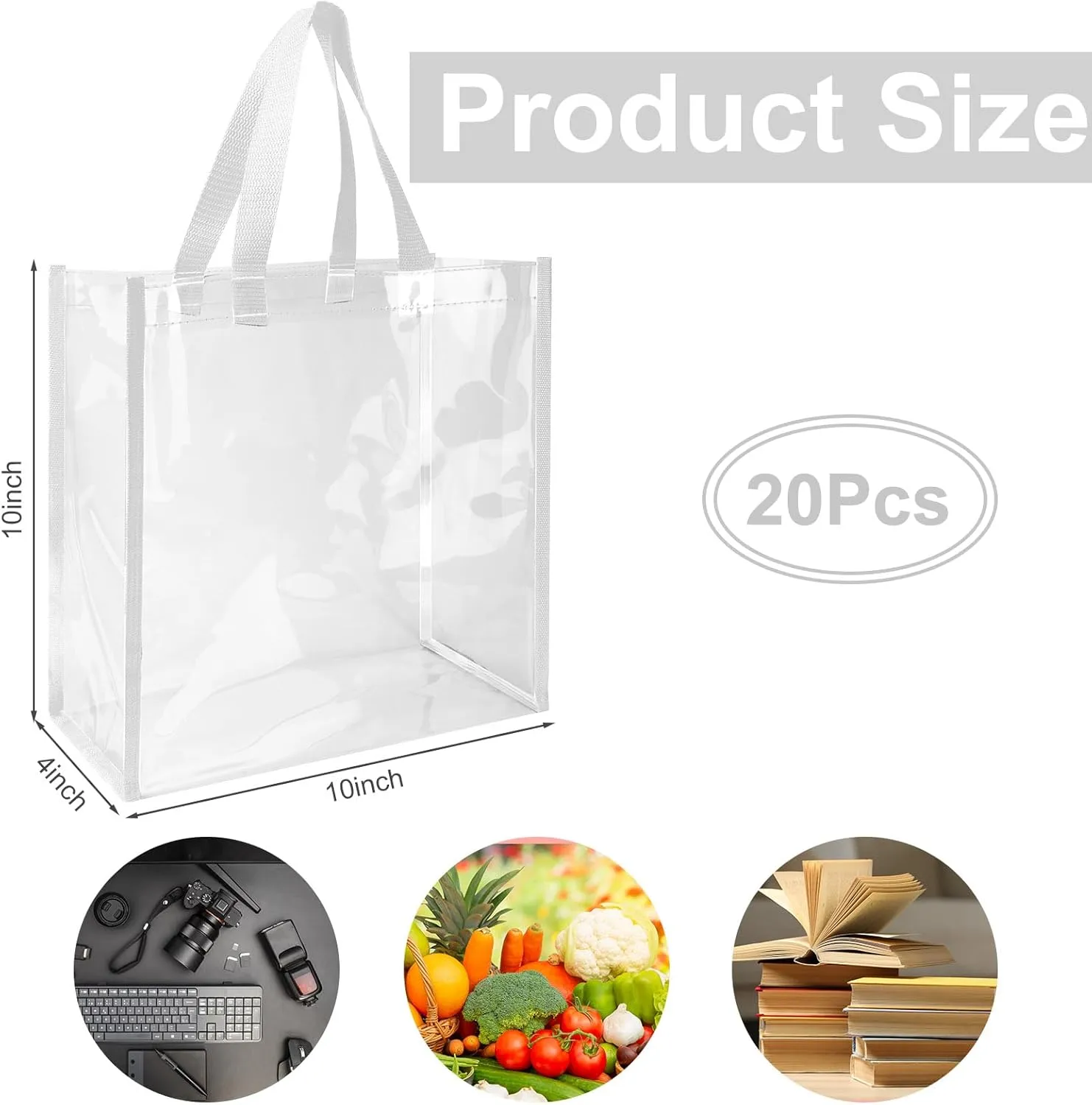 Paterr 20 Pack Plastic Clear Tote Bags 10 x 10 x 4 Inch Stadium Approved Gift Bag with Handles for Women Sports Work Travel
