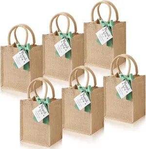 Paterr 6 Pack Burlap Tote Bags with Handles Small Reusable Jute Bags with Green Bow Thank You Tag Burlap Gift Tote for Wedding Bridesmaid Mother's Day Bridal Shower Party Favor Supplies
