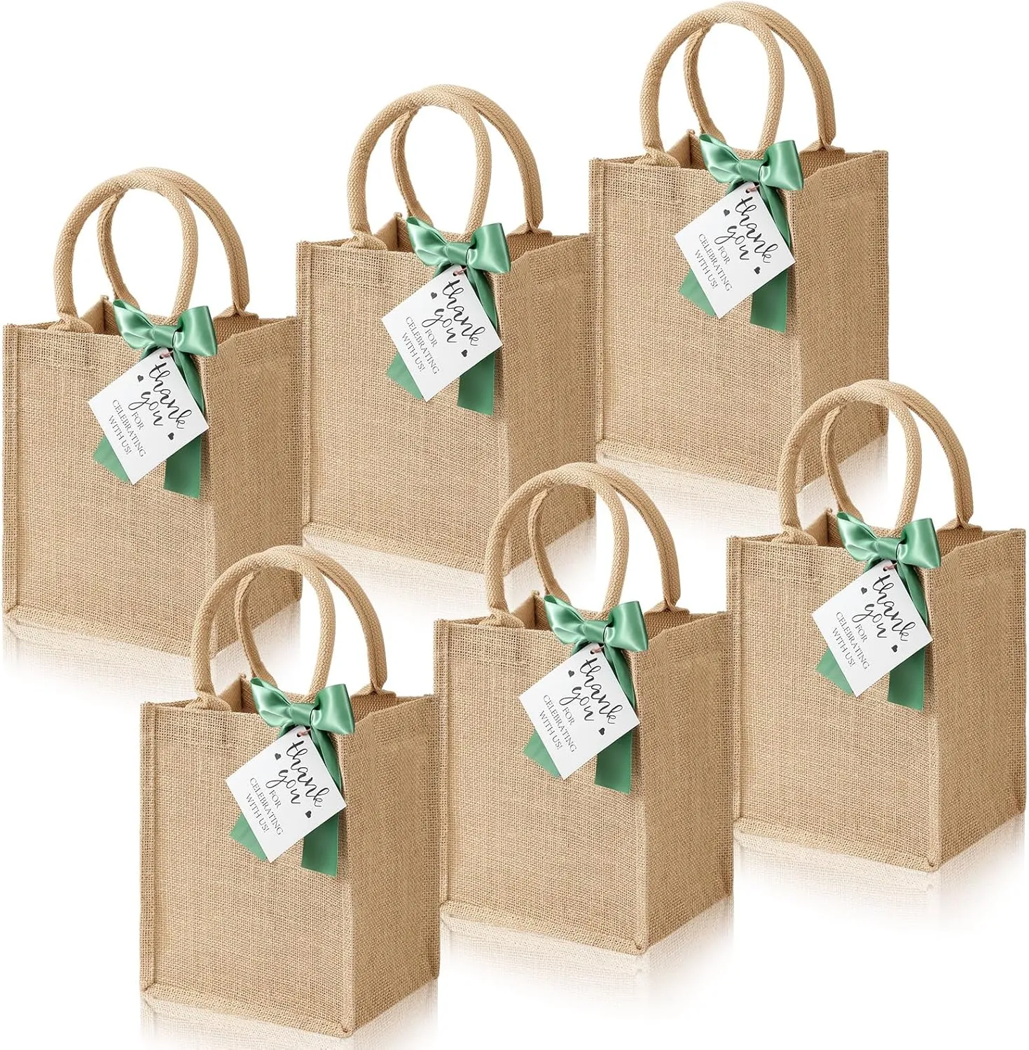 Paterr 6 Pack Burlap Tote Bags with Handles Small Reusable Jute Bags with Green Bow Thank You Tag Burlap Gift Tote for Wedding Bridesmaid Mother's Day Bridal Shower Party Favor Supplies
