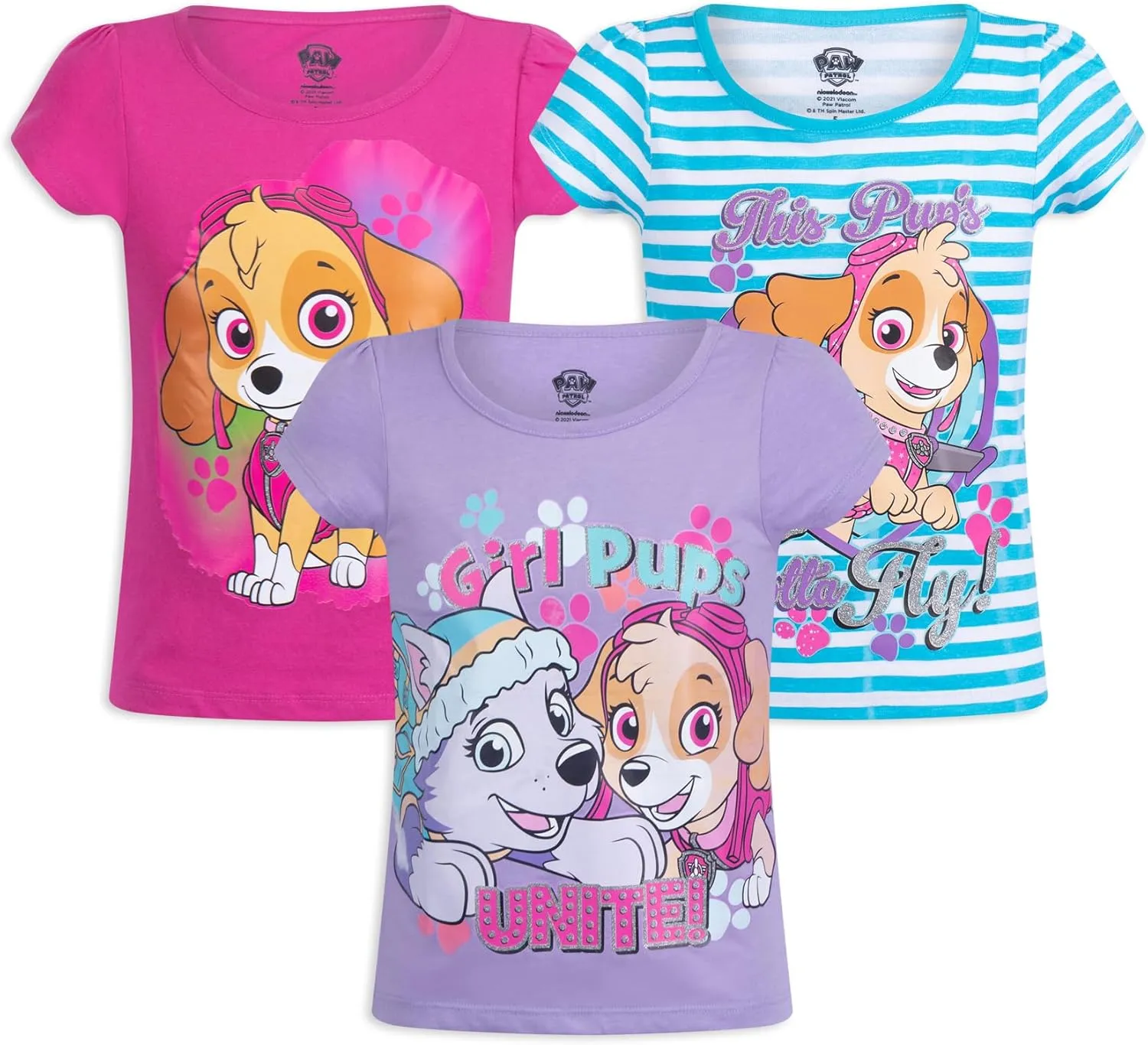 Paw Patrol Nickelodeon Skye and Everest Girls 3 Pack T-Shirts for Toddler Little Kids