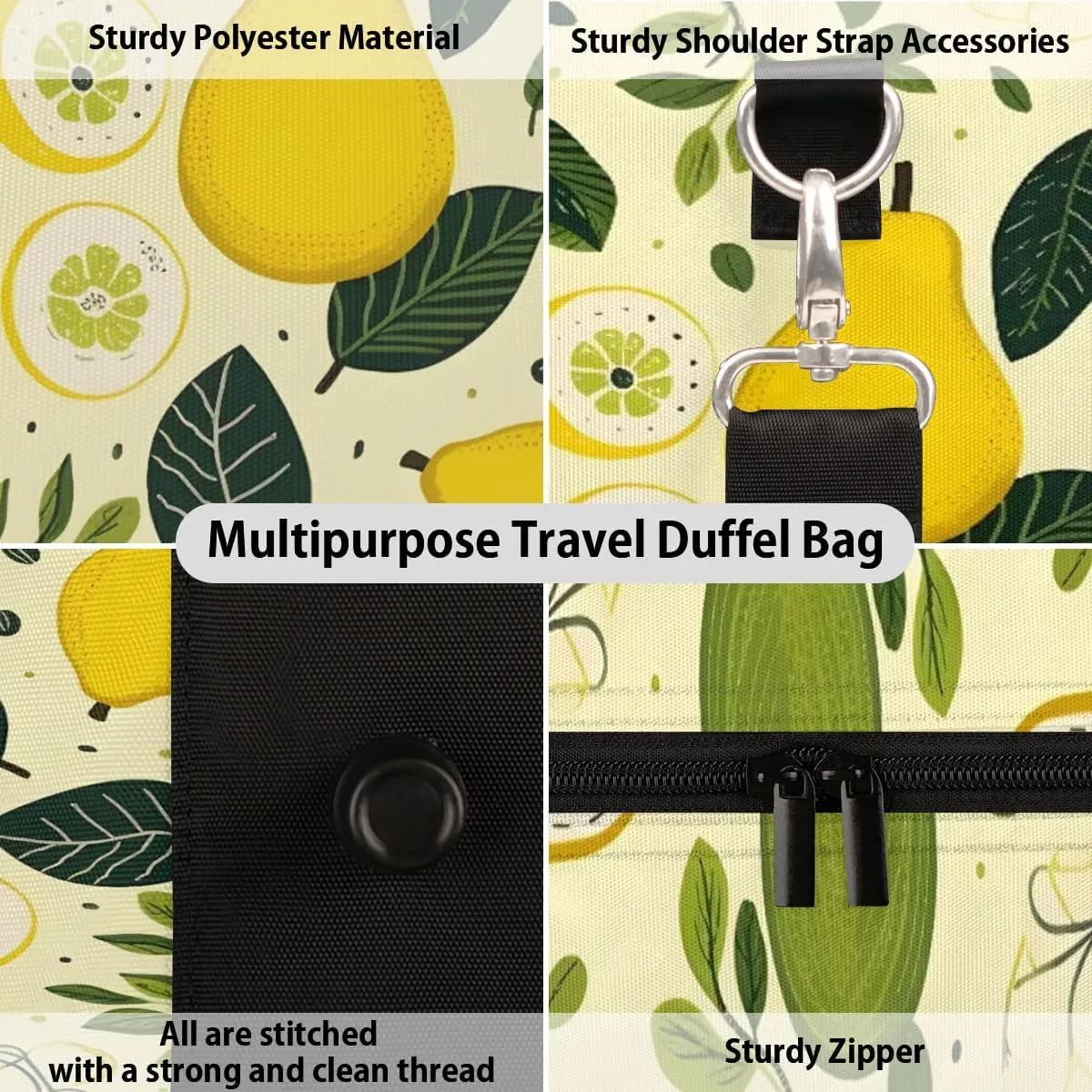 Pear Lemon Leaves Foldable Lightweight Duffle Bag for Travel - Waterproof Carry On Bags for Airplanes, Travel Duffel Bags for Gym, Weekend
