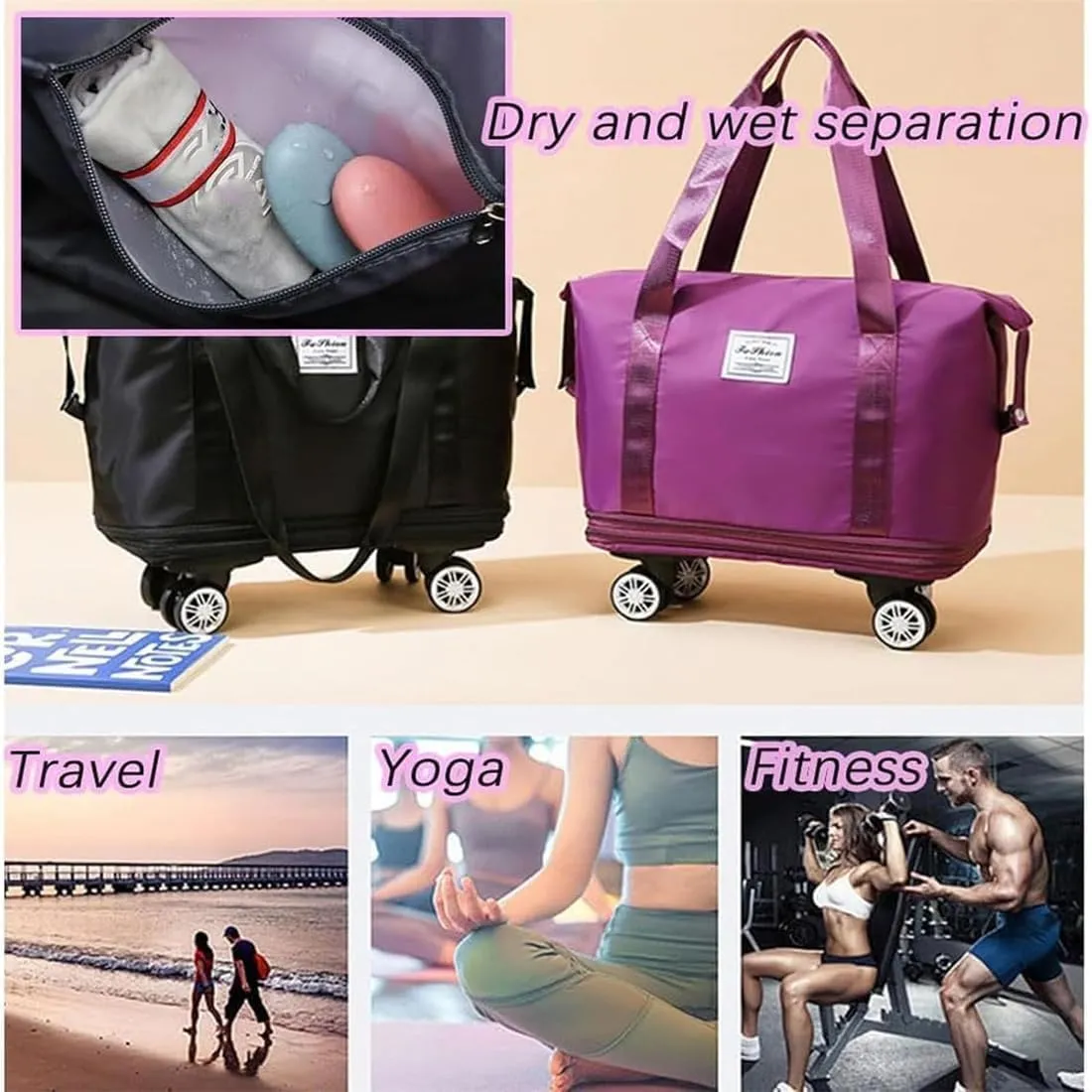 Pepepo Travel Bag with Wheels, 2025 New Large Capacity Travel Bag - Universal Wheel Removable, 48l Waterproof Expandable Foldable Duffle Bag (Pink,One Size)