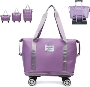 Pepepo Travel Bag with Wheels, 2025 Pepepo Large Duffle Bag with Wheels, Expandable Foldable Duffle Bag, Dry and Wet Separation (Purple)