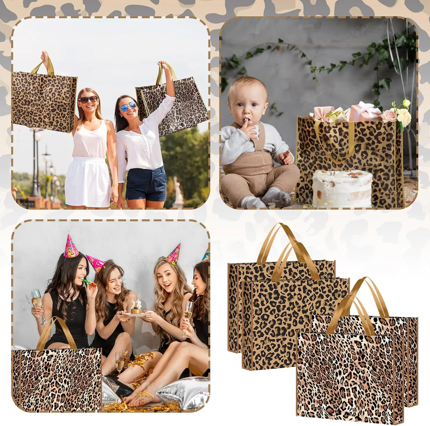 PerKoop 4 Pcs Extra Large Leopard Gift Bags 20 x 16 Inch Jumbo Bag Reusable Non Woven Gift Bags for Jungle Party Favor