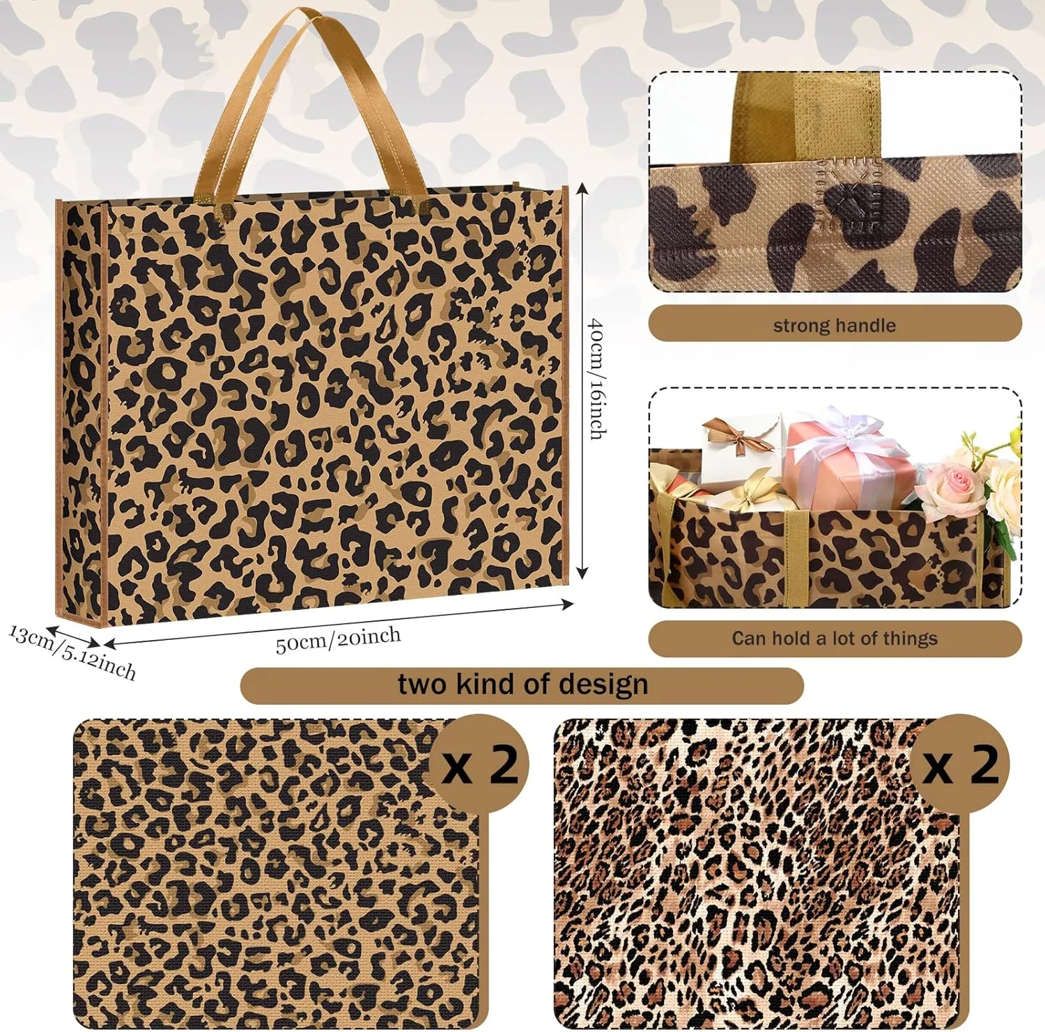 PerKoop 4 Pcs Extra Large Leopard Gift Bags 20 x 16 Inch Jumbo Bag Reusable Non Woven Gift Bags for Jungle Party Favor