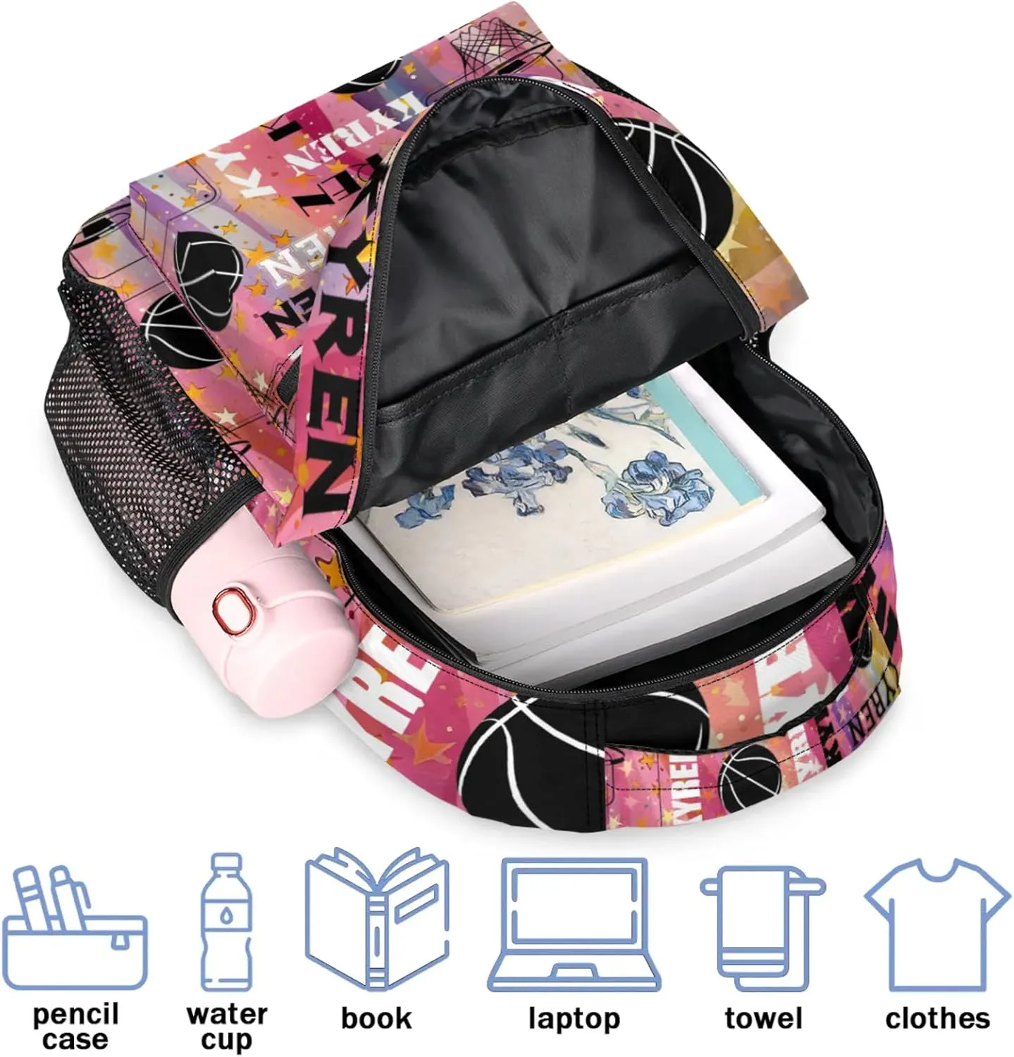 Personalized Basketball Backpack for Men Women, Custom Name Laptop Backpack, Sports Bag Lightweight Daypack for Travel Camping, Abstract Striped
