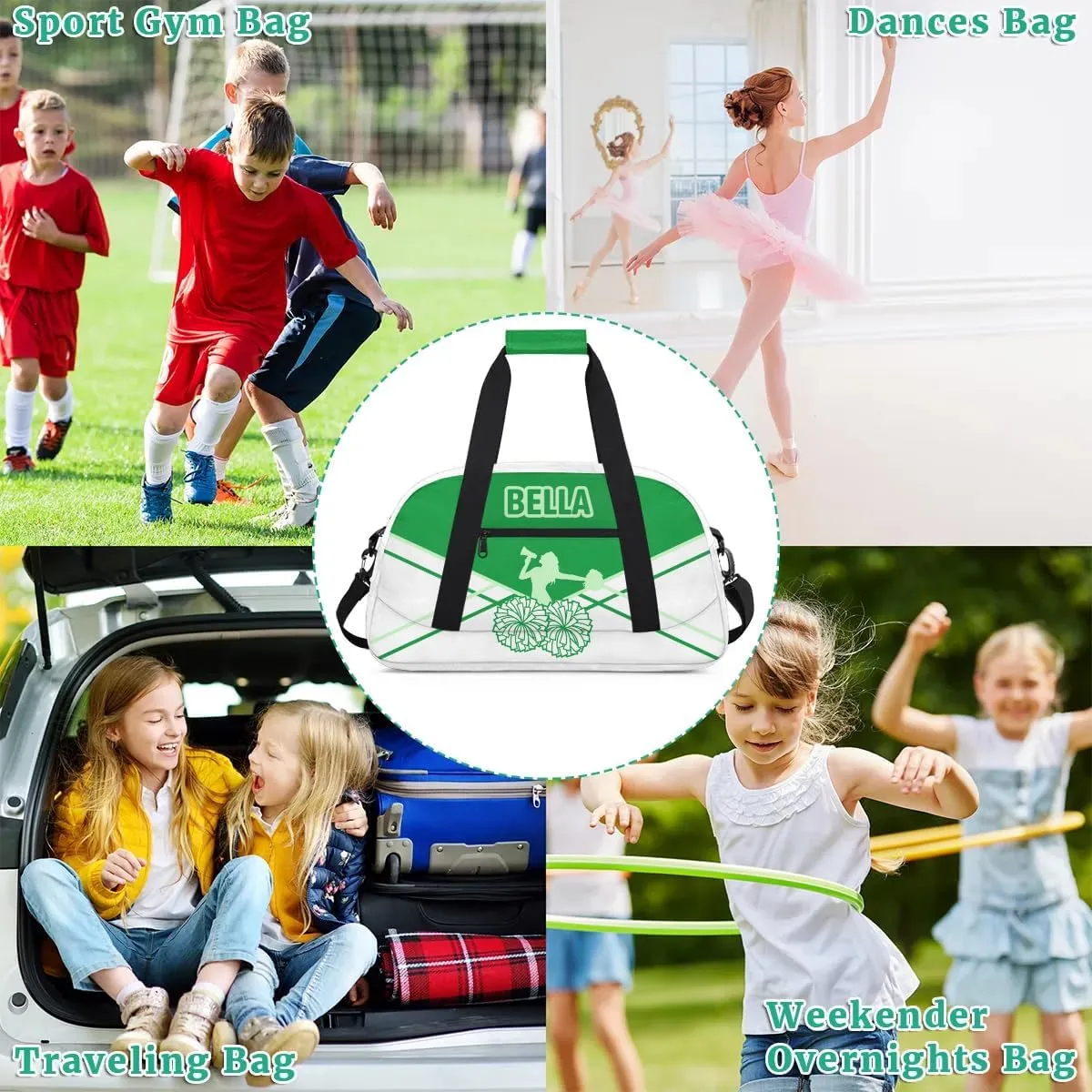 Personalized Cheer Bag Sport Duffel Bag for Girl, Custom Kids Gym Bag, Customize Travel Duffle Bag with Name, Overnight Weekender Bags,Green and White, Cheerleading Gifts