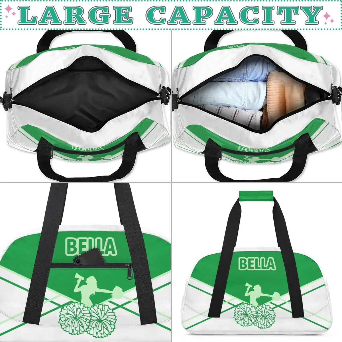 Personalized Cheer Bag Sport Duffel Bag for Girl, Custom Kids Gym Bag, Customize Travel Duffle Bag with Name, Overnight Weekender Bags,Green and White, Cheerleading Gifts