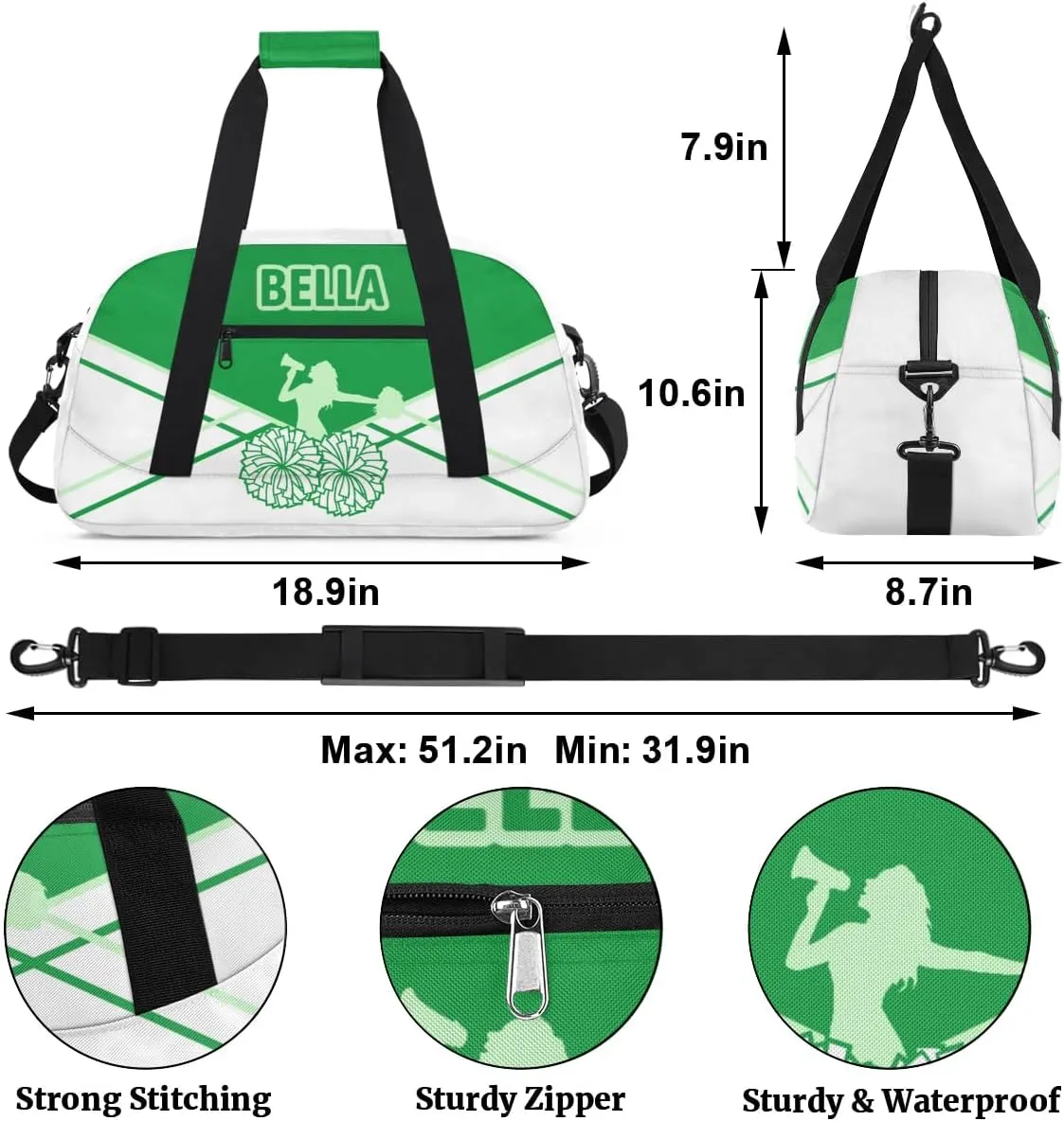Personalized Cheer Bag Sport Duffel Bag for Girl, Custom Kids Gym Bag, Customize Travel Duffle Bag with Name, Overnight Weekender Bags,Green and White, Cheerleading Gifts