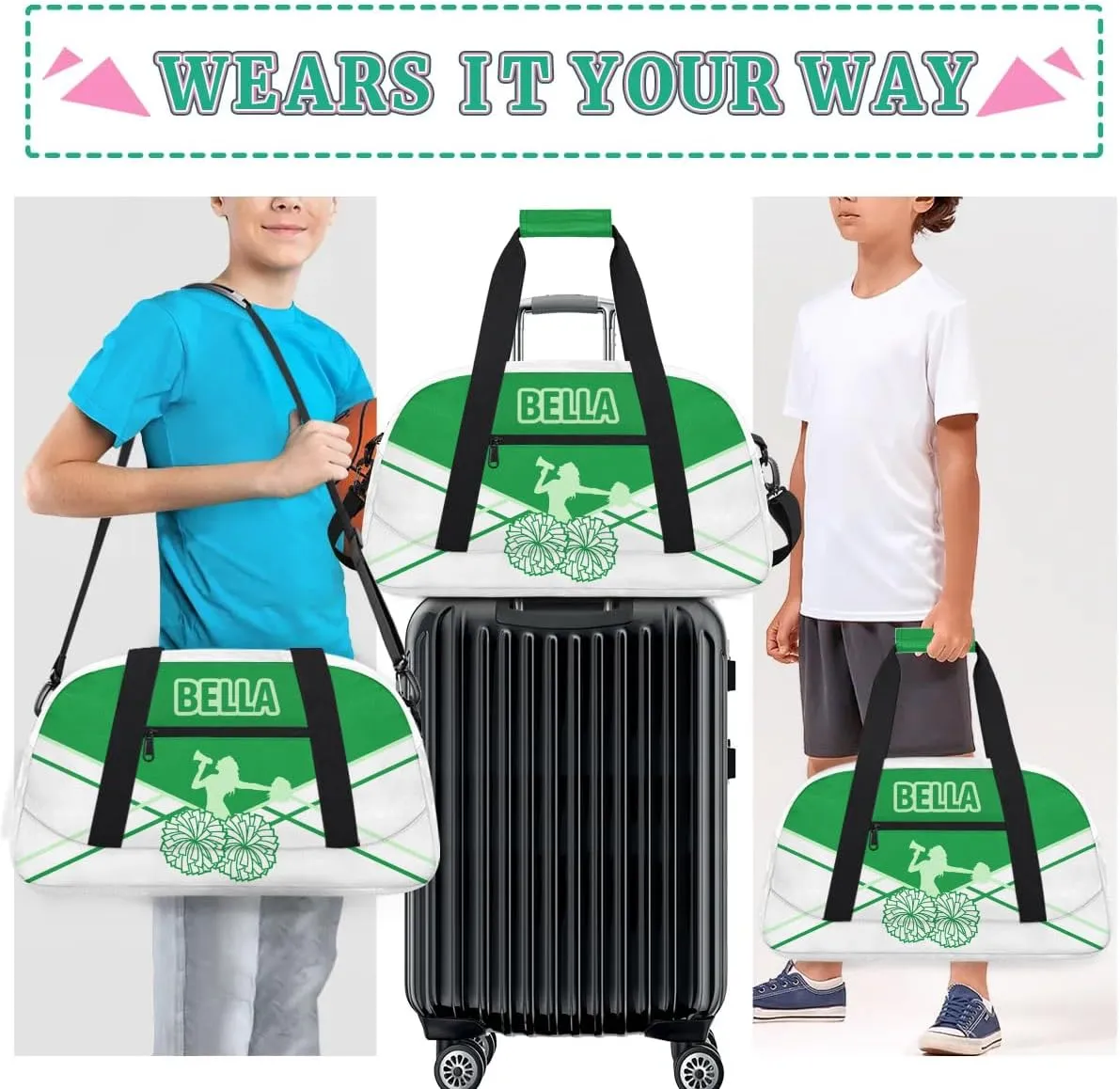 Personalized Cheer Bag Sport Duffel Bag for Girl, Custom Kids Gym Bag, Customize Travel Duffle Bag with Name, Overnight Weekender Bags,Green and White, Cheerleading Gifts