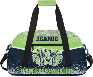 Personalized Cheer Gym Bags for Girls Kids Cheerleaders with Custom Name Sport Dance Perform Training Duffel Bags for Overnight Weekender Travel Green Blue