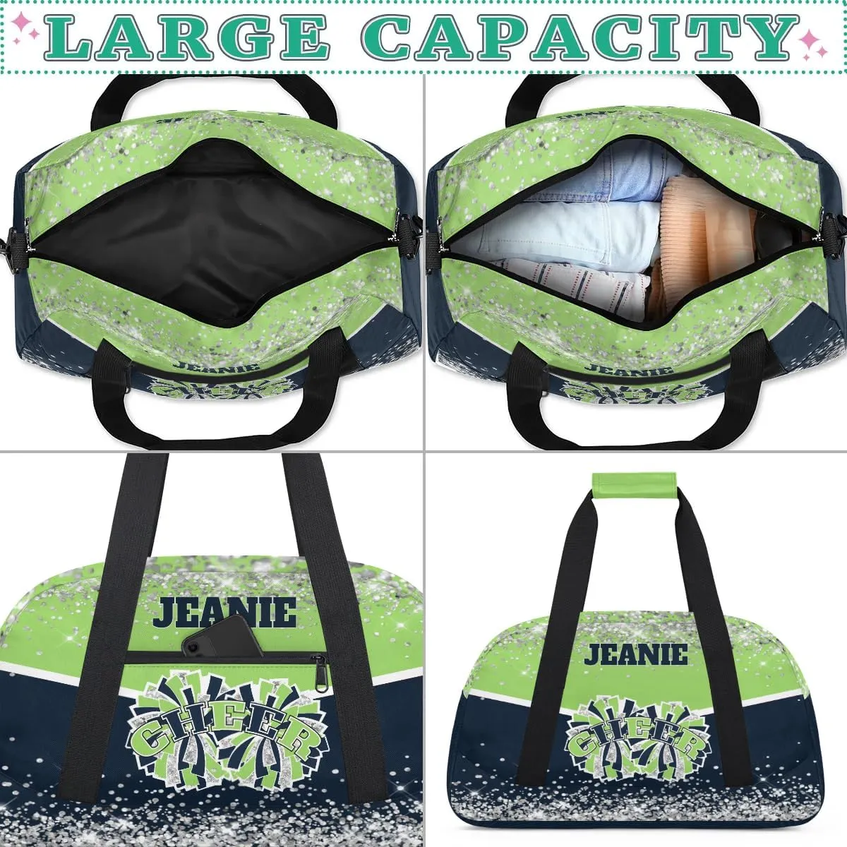 Personalized Cheer Gym Bags for Girls Kids Cheerleaders with Custom Name Sport Dance Perform Training Duffel Bags for Overnight Weekender Travel Green Blue