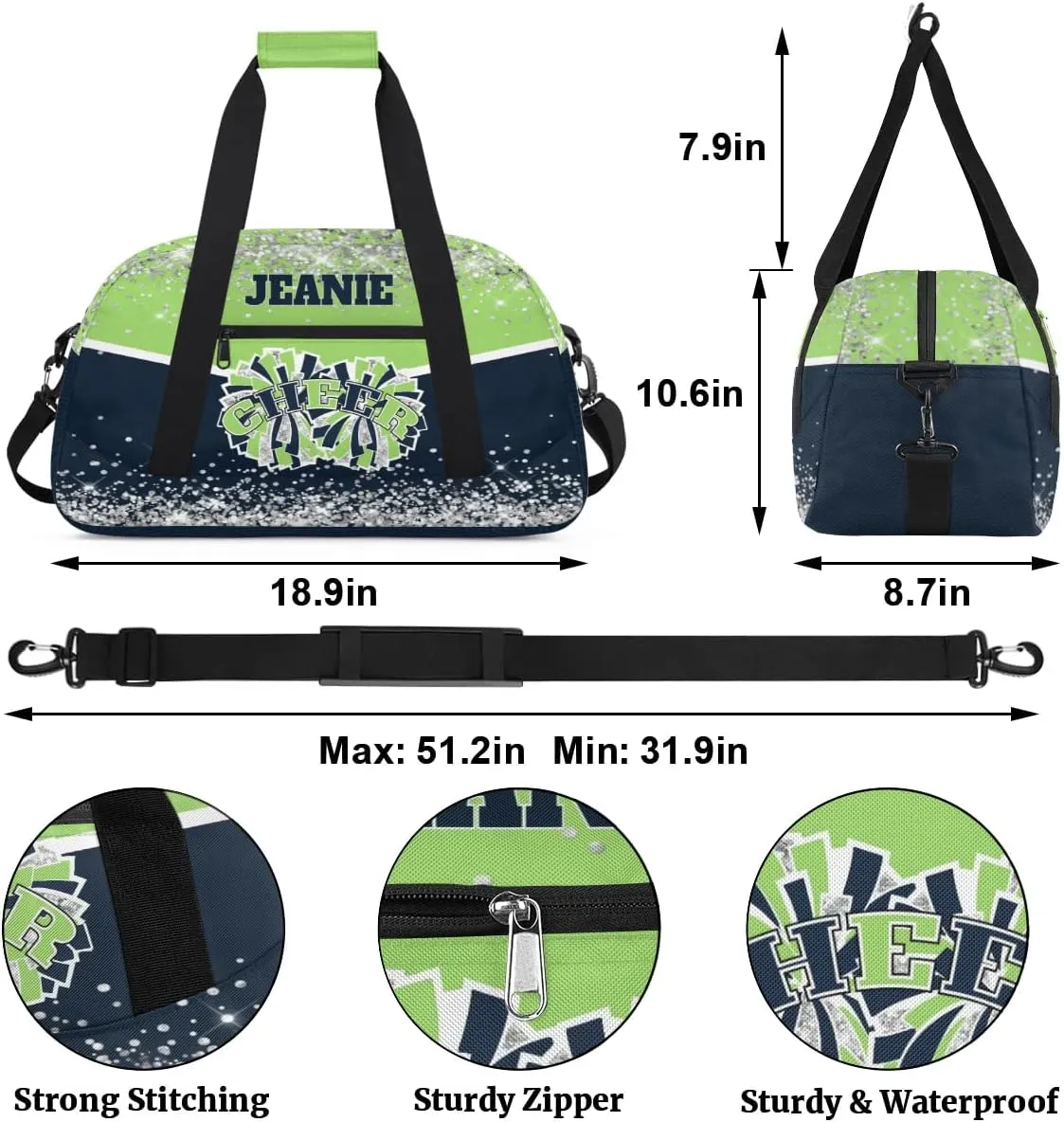 Personalized Cheer Gym Bags for Girls Kids Cheerleaders with Custom Name Sport Dance Perform Training Duffel Bags for Overnight Weekender Travel Green Blue