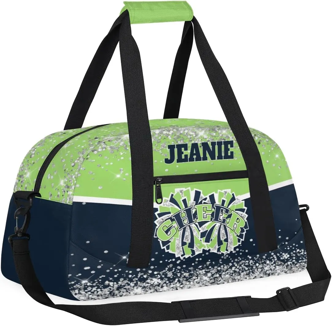 Personalized Cheer Gym Bags for Girls Kids Cheerleaders with Custom Name Sport Dance Perform Training Duffel Bags for Overnight Weekender Travel Green Blue