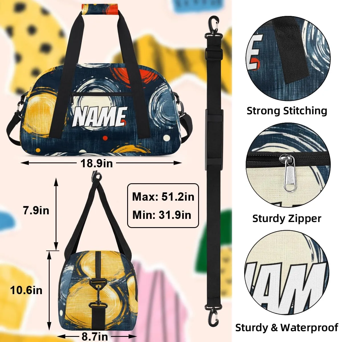 Personalized Custom Gym Bag for Women Men Carry on Boho Circle Travel Duffel Tote Colorful Geometric Overnight Workout Weekender Bag