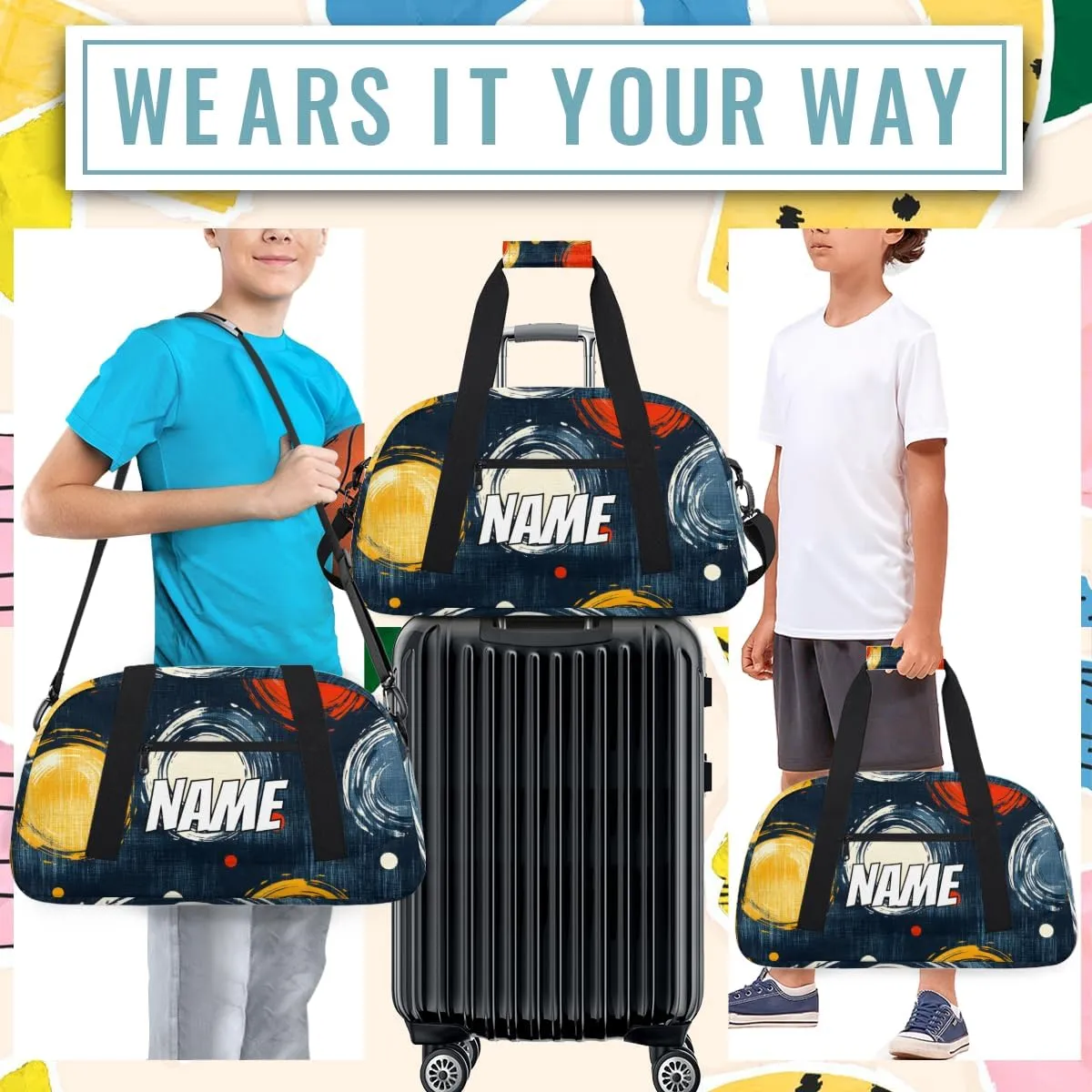 Personalized Custom Gym Bag for Women Men Carry on Boho Circle Travel Duffel Tote Colorful Geometric Overnight Workout Weekender Bag