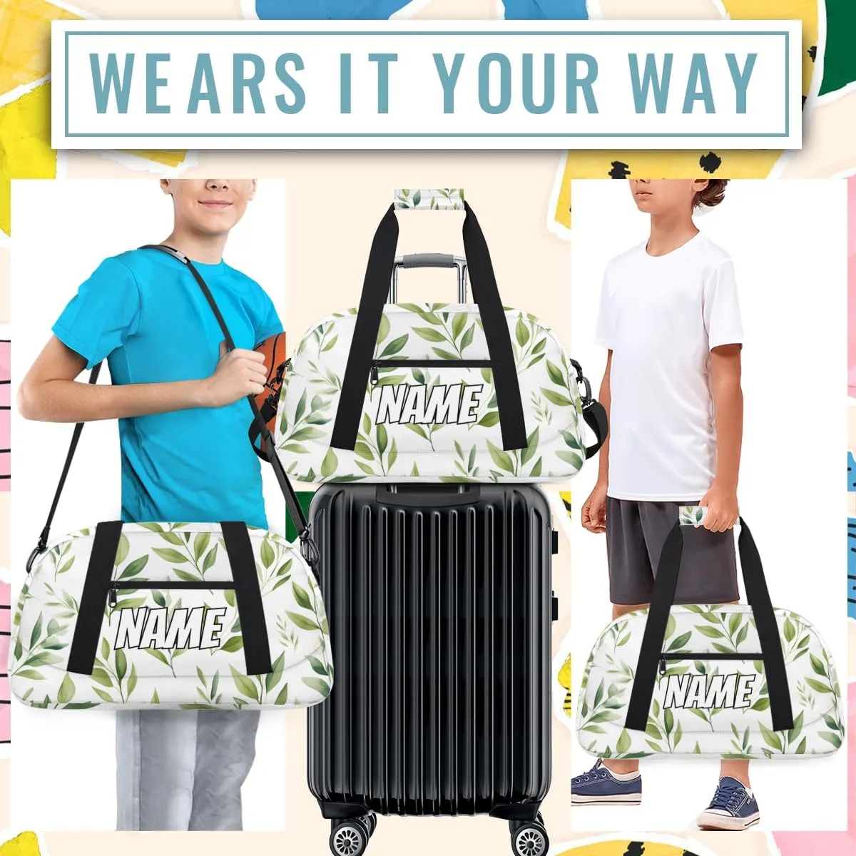 Personalized Custom Gym Bag for Women Men Carry on Green Sage Leaf Travel Duffel Tote Plants Overnight Workout Weekender Bag