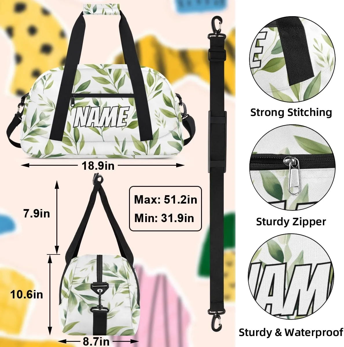 Personalized Custom Gym Bag for Women Men Carry on Green Sage Leaf Travel Duffel Tote Plants Overnight Workout Weekender Bag