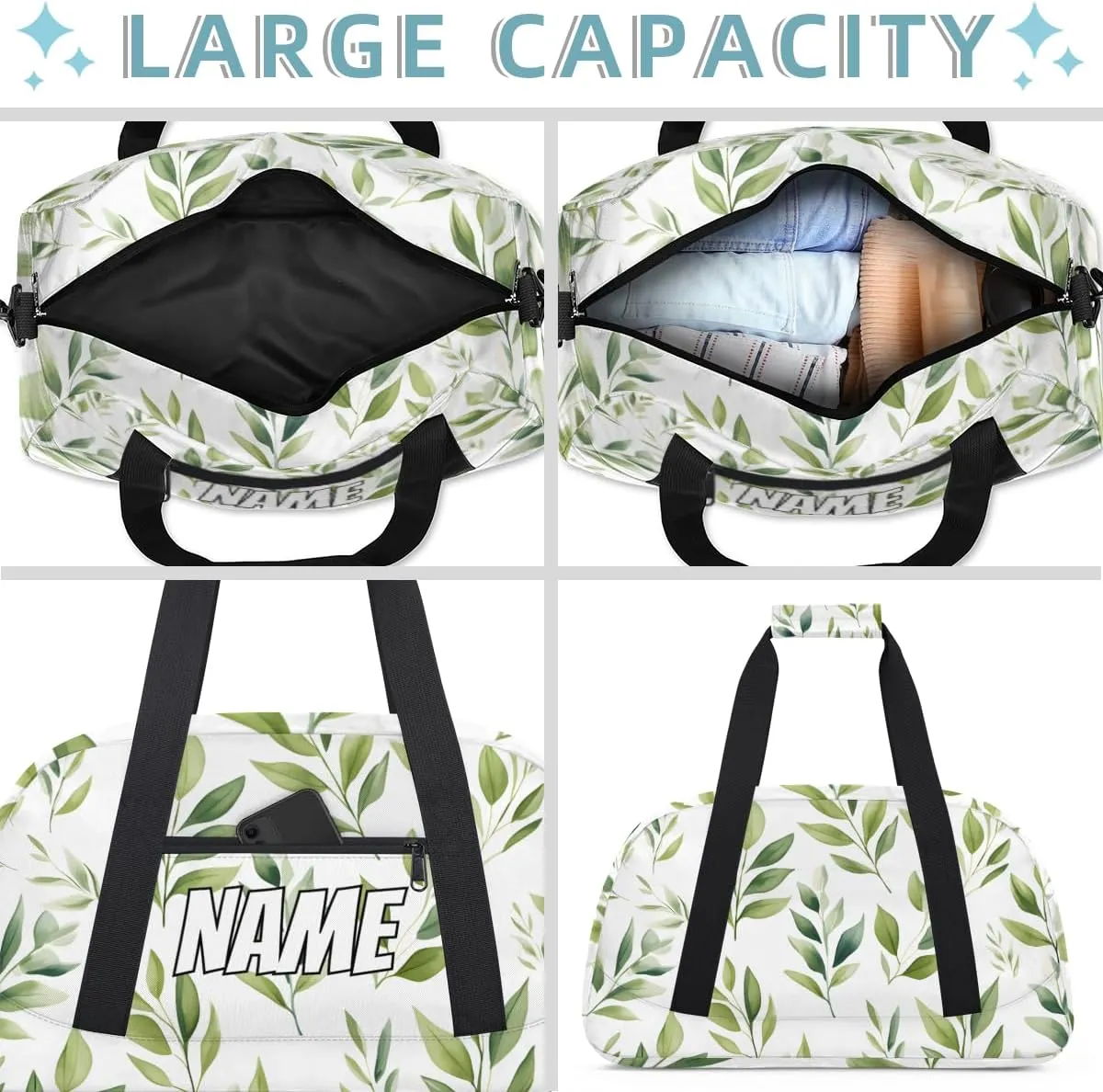 Personalized Custom Gym Bag for Women Men Carry on Green Sage Leaf Travel Duffel Tote Plants Overnight Workout Weekender Bag