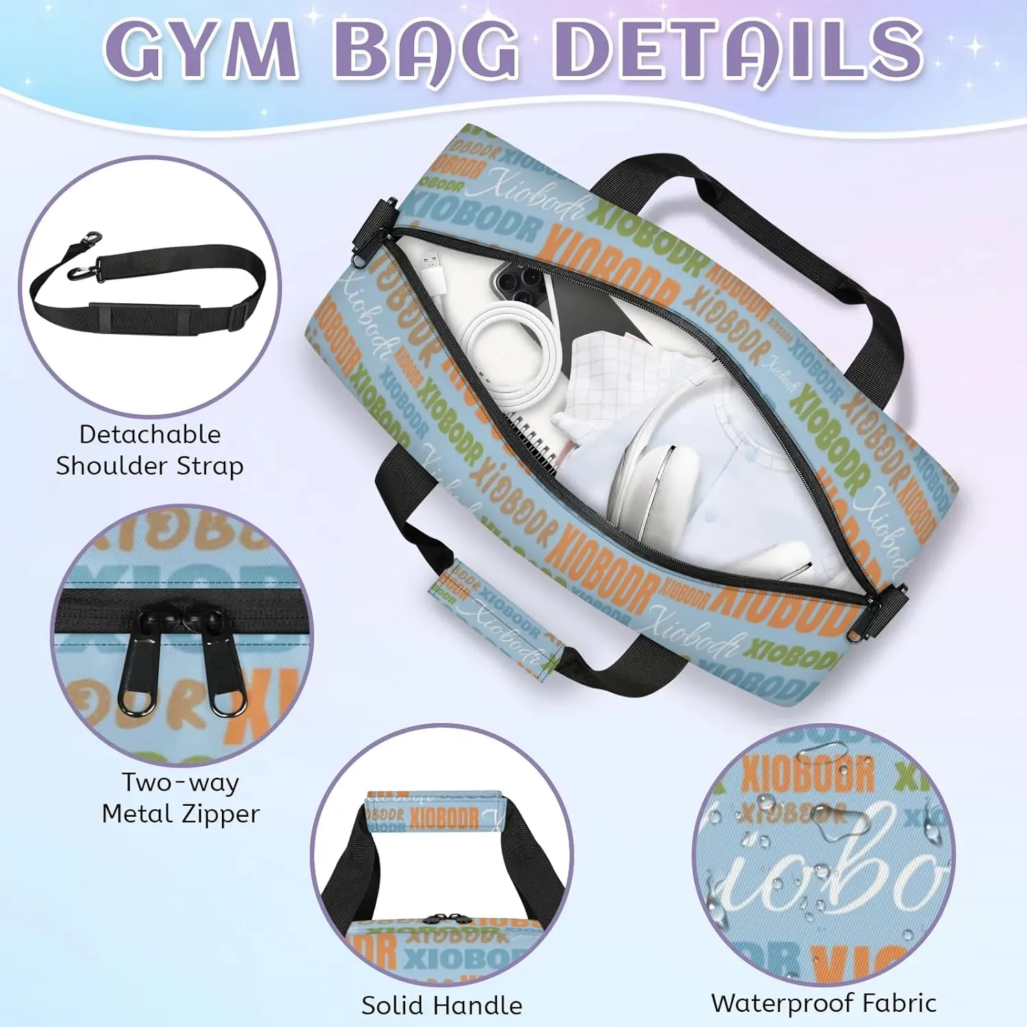 Personalized Cute Duffle Bag - Custom Name Kids Sports Bag, Sleepover Bags for Girls, Lightweight Toddler Boys Overnight Bag for Weekender Travel Cheer Dance Ball Game, Blue Green Multple Text