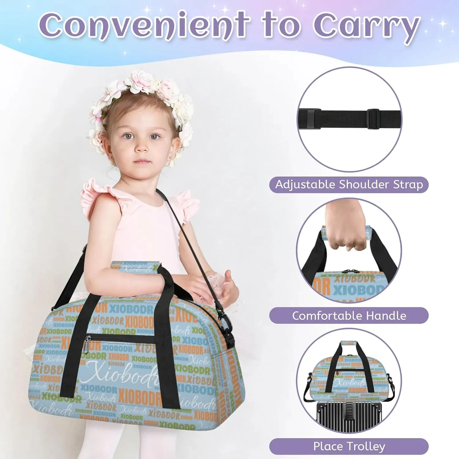 Personalized Cute Duffle Bag - Custom Name Kids Sports Bag, Sleepover Bags for Girls, Lightweight Toddler Boys Overnight Bag for Weekender Travel Cheer Dance Ball Game, Blue Green Multple Text