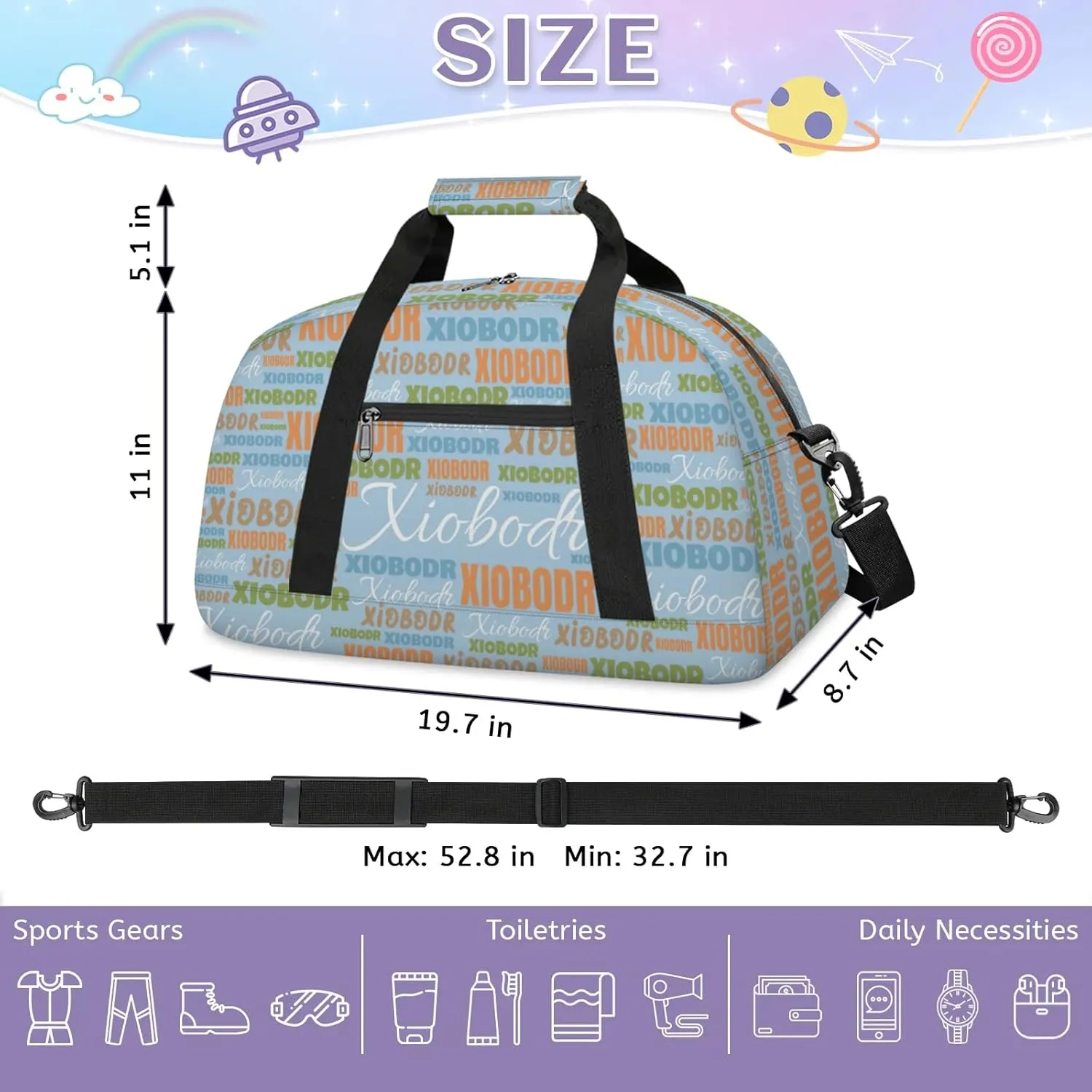 Personalized Cute Duffle Bag - Custom Name Kids Sports Bag, Sleepover Bags for Girls, Lightweight Toddler Boys Overnight Bag for Weekender Travel Cheer Dance Ball Game, Blue Green Multple Text