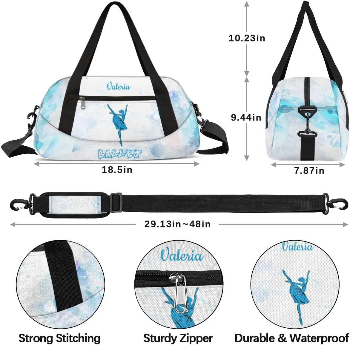 Personalized Dance Bag for Girls Kids, Custom Gym Bag Overnight Small Duffel Bag Carry On Weekend Sports Travel Bag for School Practice Gymnastics Ballet, Blue Watercolor Ballet