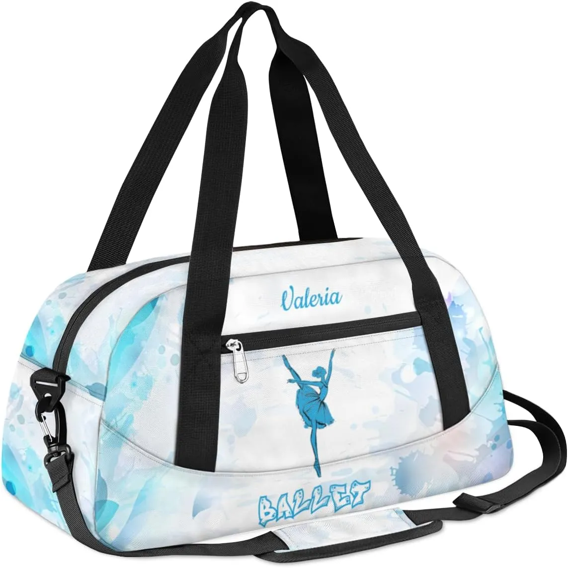 Personalized Dance Bag for Girls Kids, Custom Gym Bag Overnight Small Duffel Bag Carry On Weekend Sports Travel Bag for School Practice Gymnastics Ballet, Blue Watercolor Ballet