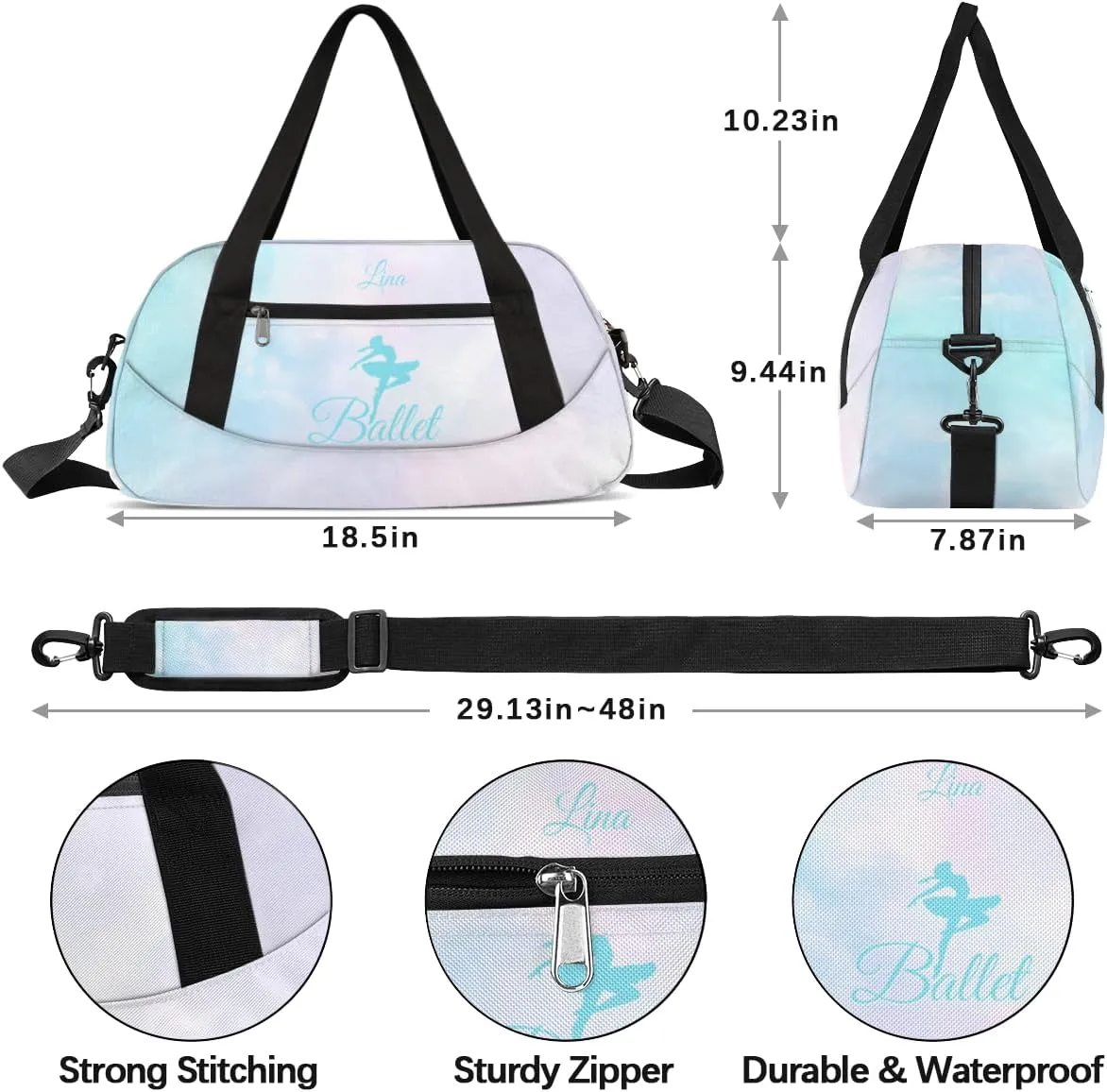 Personalized Dance Bag for Girls Kids, Custom Gym Bag Overnight Small Duffel Bag Carry On Weekend Sports Travel Bag for School Practice Gymnastics Ballet, Colorful Clouds Cyan Ballerinas