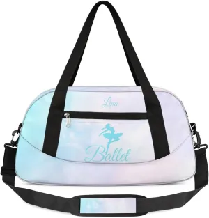 Personalized Dance Bag for Girls Kids, Custom Gym Bag Overnight Small Duffel Bag Carry On Weekend Sports Travel Bag for School Practice Gymnastics Ballet, Colorful Clouds Cyan Ballerinas