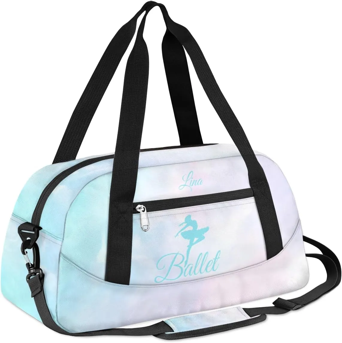 Personalized Dance Bag for Girls Kids, Custom Gym Bag Overnight Small Duffel Bag Carry On Weekend Sports Travel Bag for School Practice Gymnastics Ballet, Colorful Clouds Cyan Ballerinas