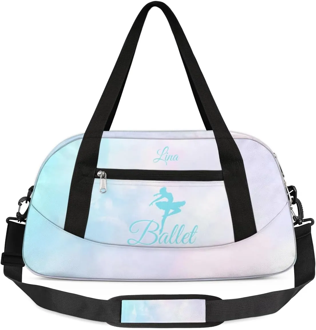 Personalized Dance Bag for Girls Kids, Custom Gym Bag Overnight Small Duffel Bag Carry On Weekend Sports Travel Bag for School Practice Gymnastics Ballet, Colorful Clouds Cyan Ballerinas