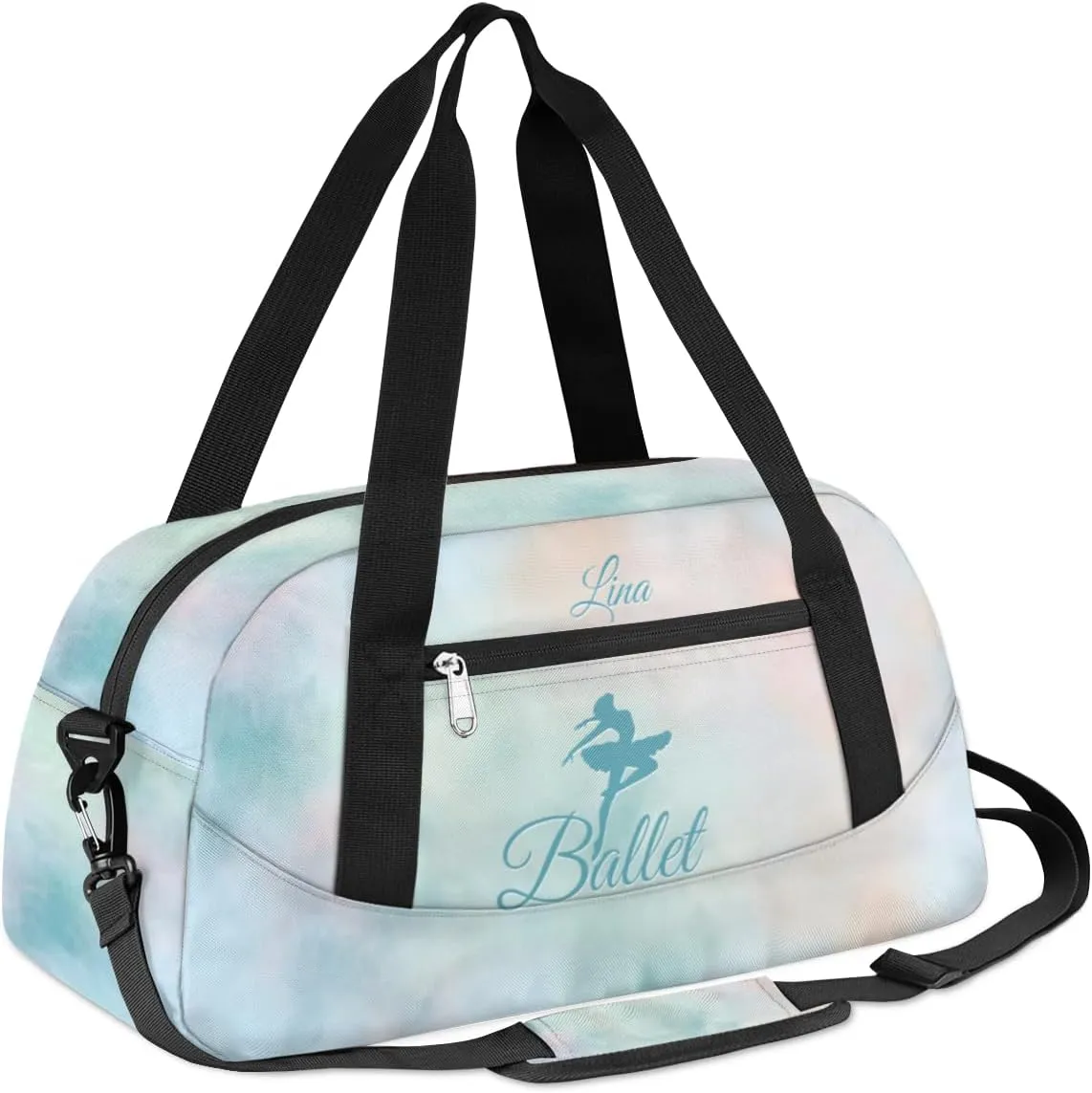 Personalized Dance Bag for Girls Kids, Custom Gym Bag Overnight Small Duffel Bag Carry On Weekend Sports Travel Bag for School Practice Gymnastics Ballet, Colorful Clouds Green Ballerinas