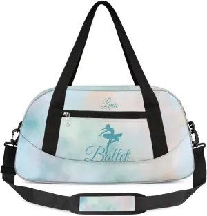 Personalized Dance Bag for Girls Kids, Custom Gym Bag Overnight Small Duffel Bag Carry On Weekend Sports Travel Bag for School Practice Gymnastics Ballet, Colorful Clouds Green Ballerinas