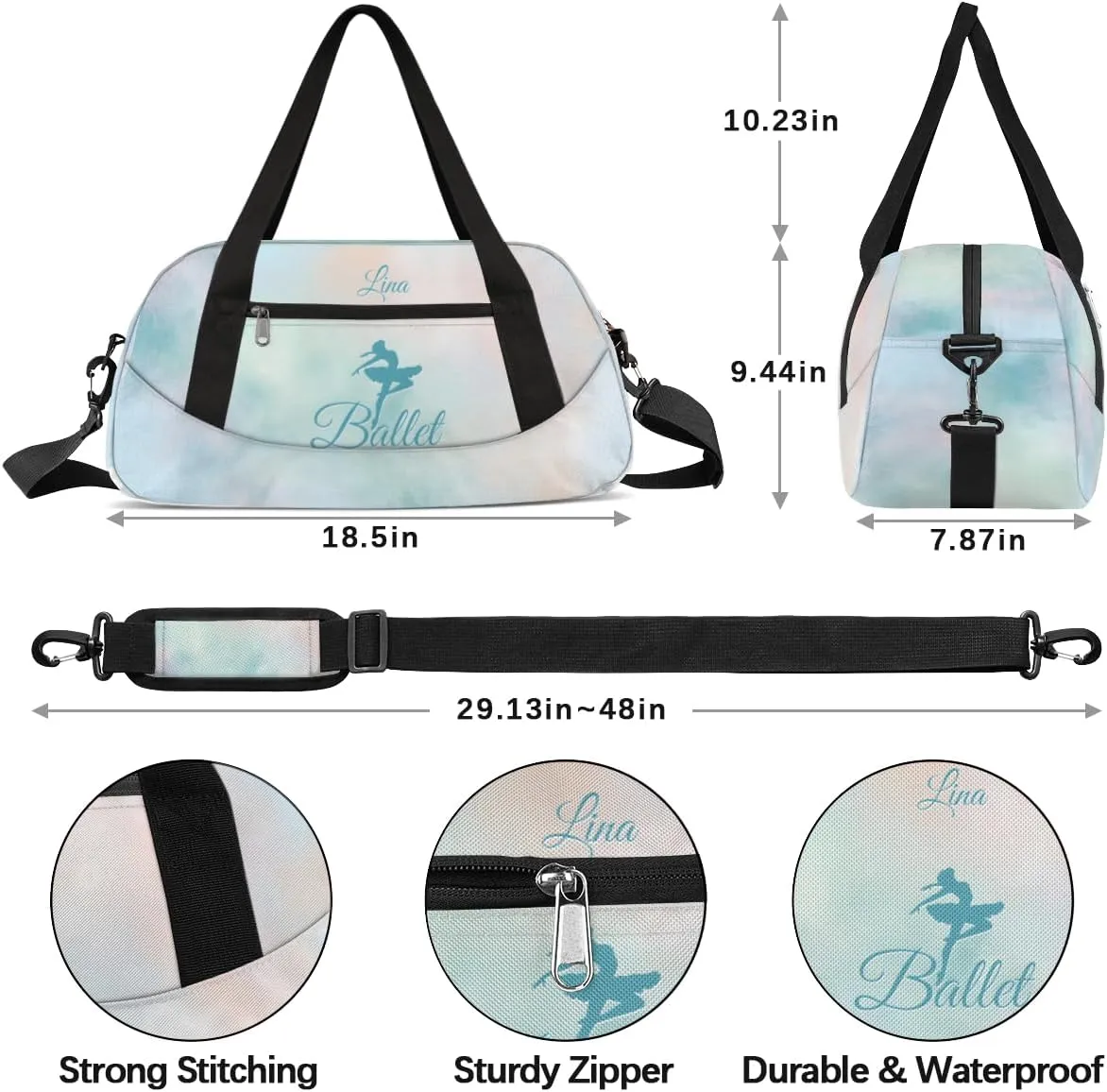 Personalized Dance Bag for Girls Kids, Custom Gym Bag Overnight Small Duffel Bag Carry On Weekend Sports Travel Bag for School Practice Gymnastics Ballet, Colorful Clouds Green Ballerinas