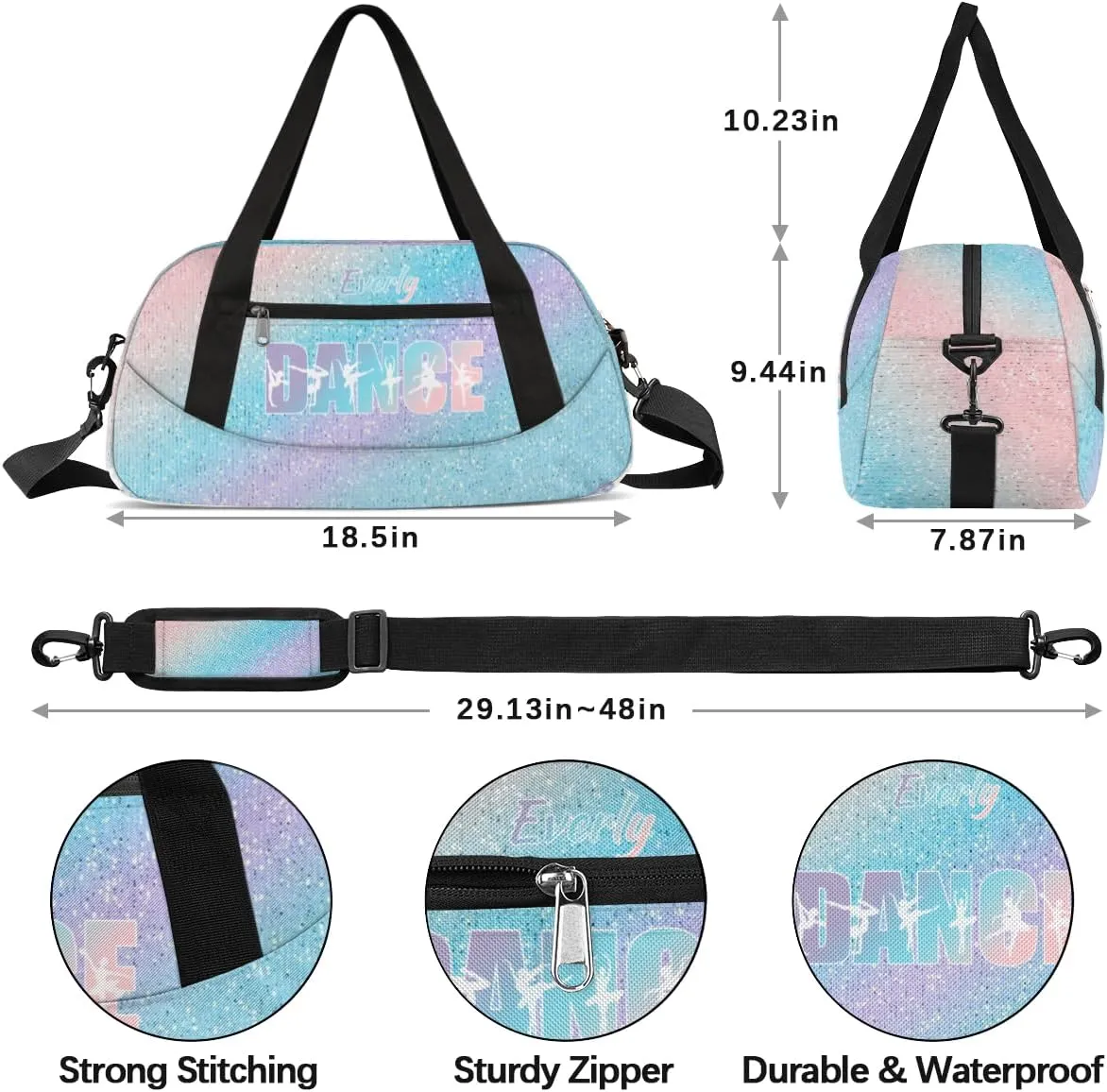 Personalized Dance Bag for Girls Teens, Custom Dance Bag Overnight Small Duffel Bag Carry On Weekend Sports Travel Bag for School Practice Gymnastics Ballet, Blue Sequins