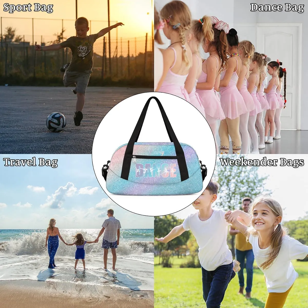 Personalized Dance Bag for Girls Teens, Custom Dance Bag Overnight Small Duffel Bag Carry On Weekend Sports Travel Bag for School Practice Gymnastics Ballet, Blue Sequins