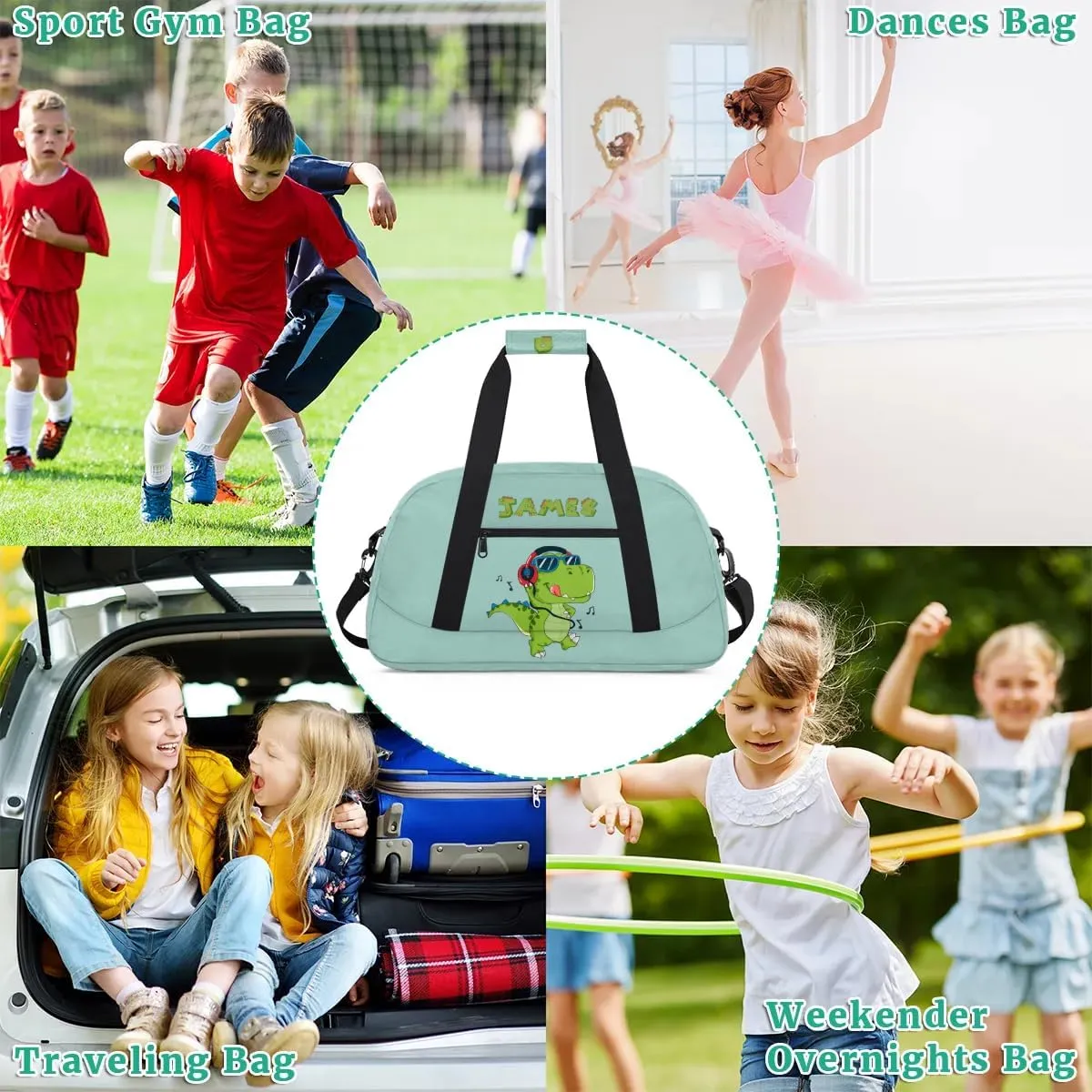 Personalized Duffel Bag for Boys Gym Bag with Name Small Overnight Tote Bag for Kids Music Dinosaur Green Sports Bag
