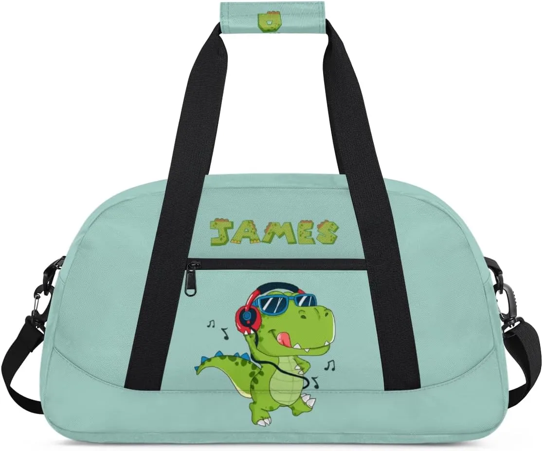 Personalized Duffel Bag for Boys Gym Bag with Name Small Overnight Tote Bag for Kids Music Dinosaur Green Sports Bag
