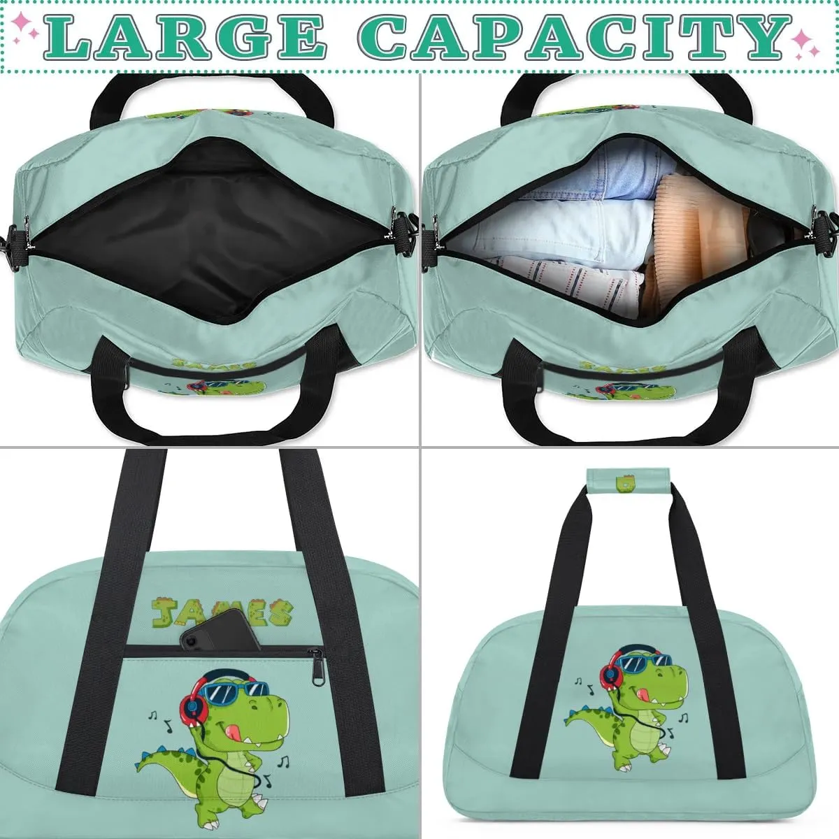 Personalized Duffel Bag for Boys Gym Bag with Name Small Overnight Tote Bag for Kids Music Dinosaur Green Sports Bag